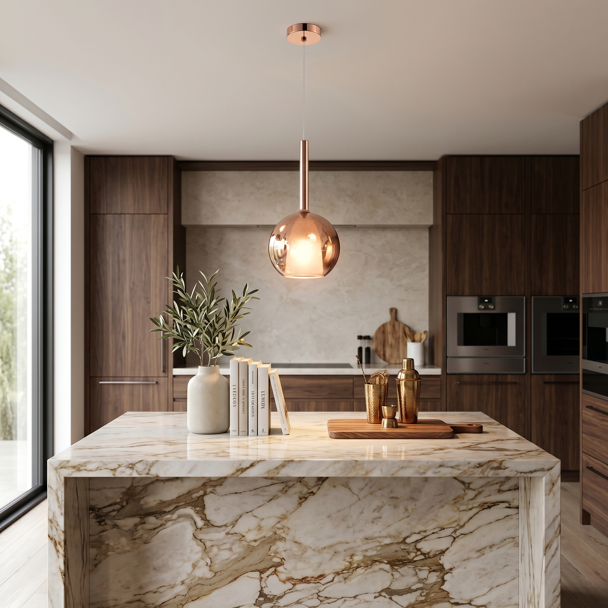 Rose Gold Luna Glass Globe Pendant over a kitchen island