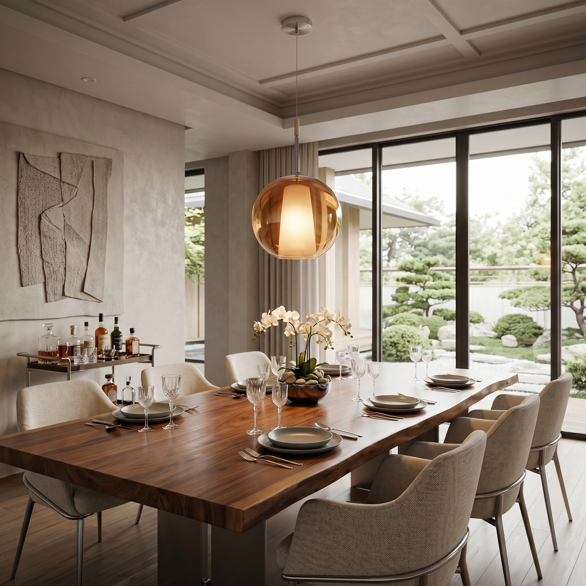 Cognac Luna Glass Globe Pendant over a dining table