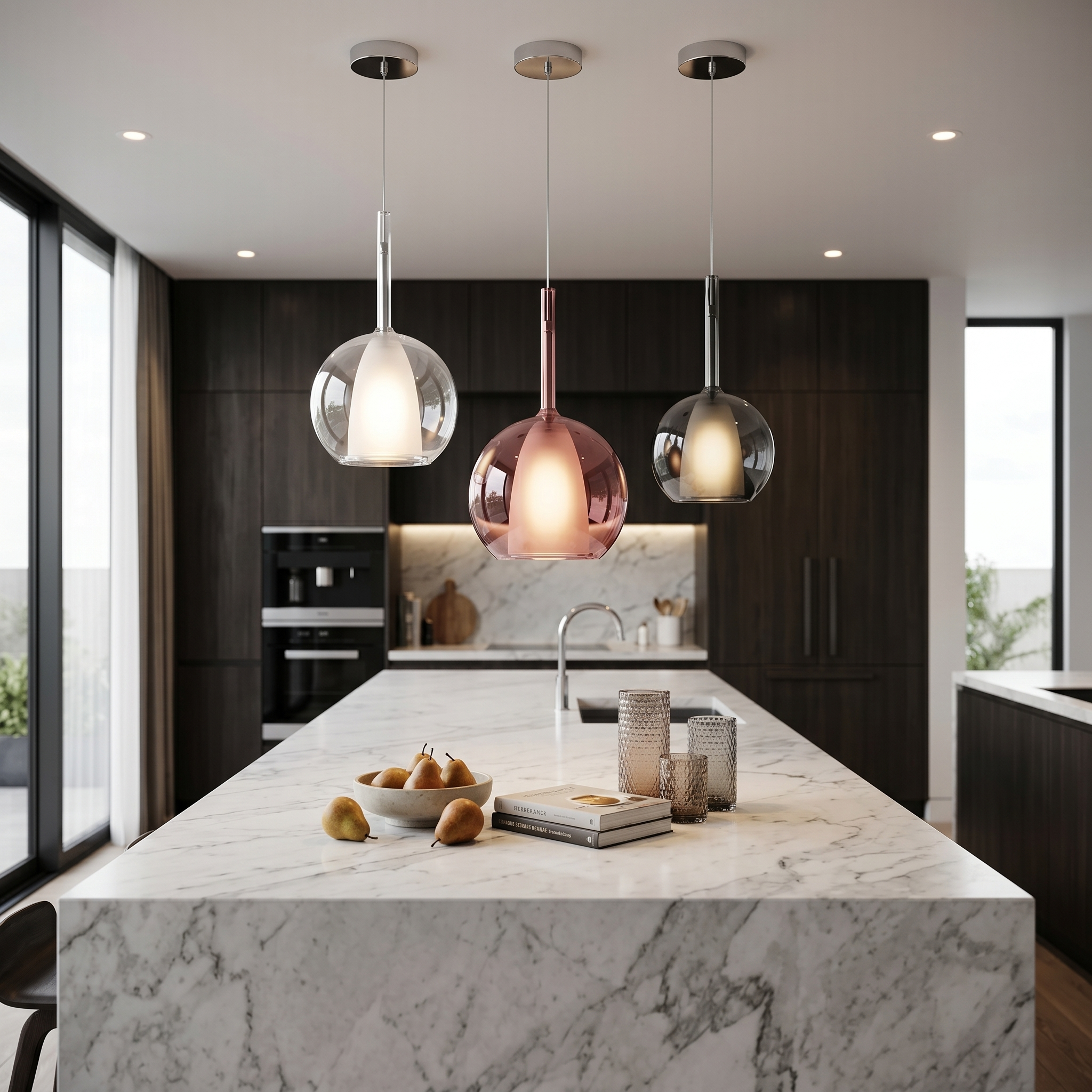 Cluster of Luna Glass Globe Pendants in clear, rose gold and smoke over a kitchen island