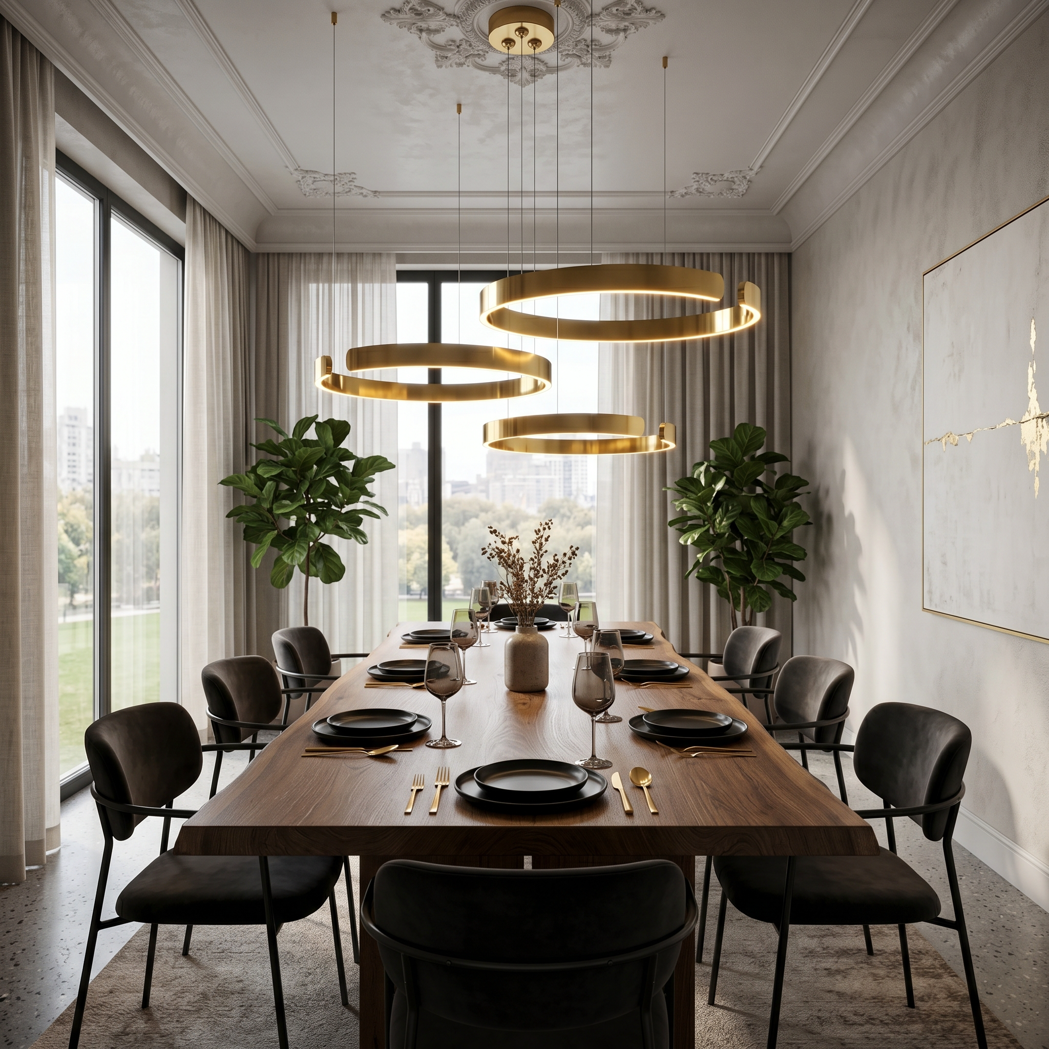 Brass Orbita LED Ring Chandelier over a dining table