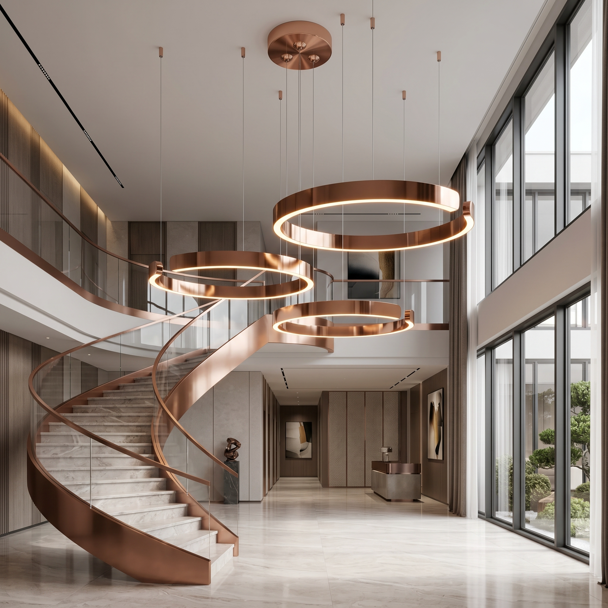Rose Gold Orbita LED Ring Chandelier in a grand entryway staircase