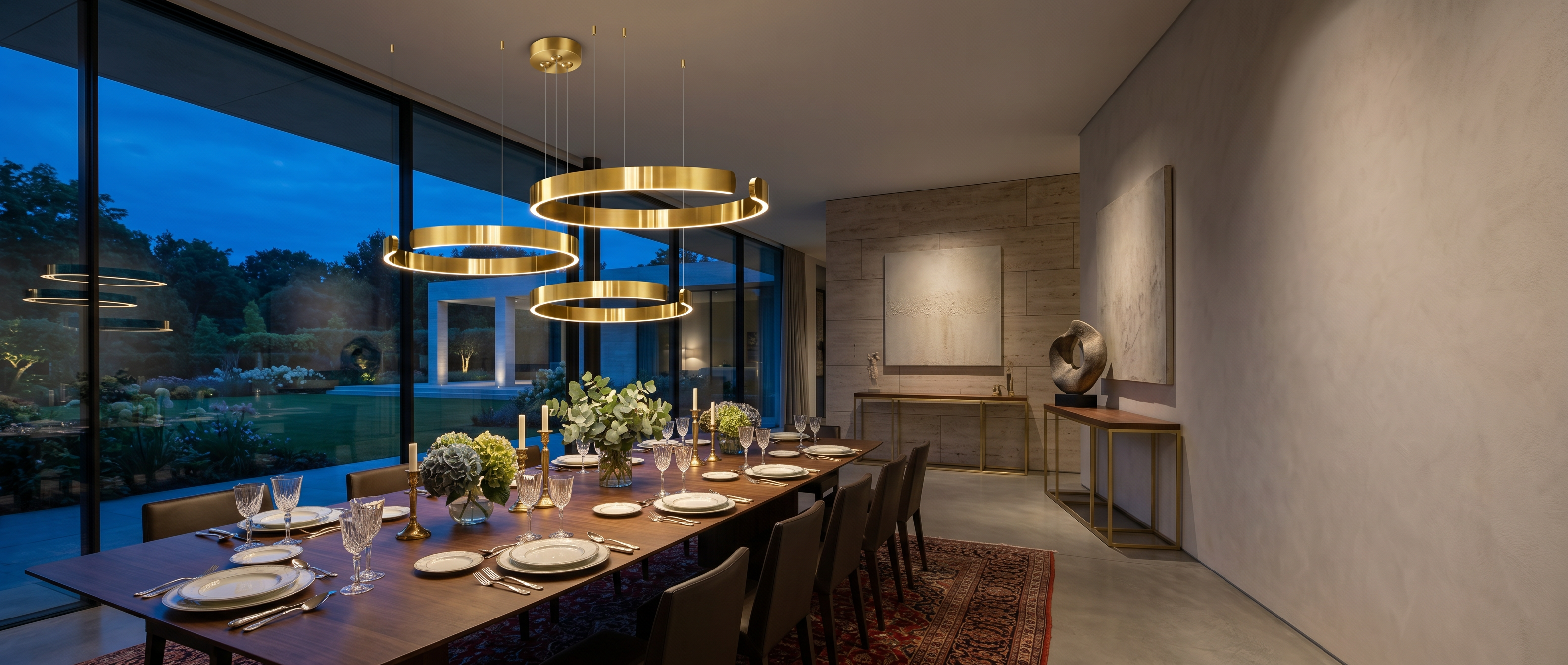 Orbita LED Ring Chandelier over a dining table at dusk - banner