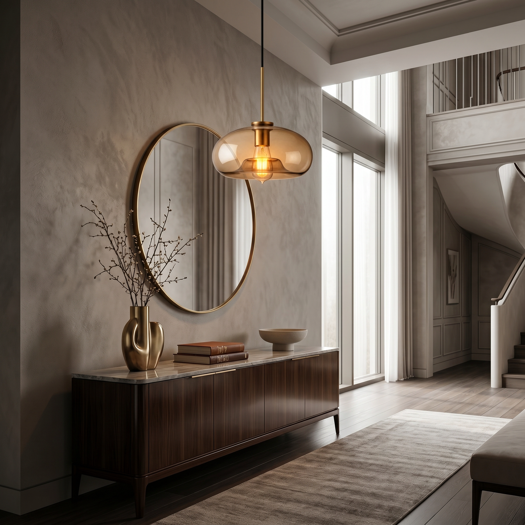 Ambra cognac glass pendant above a console in an entryway