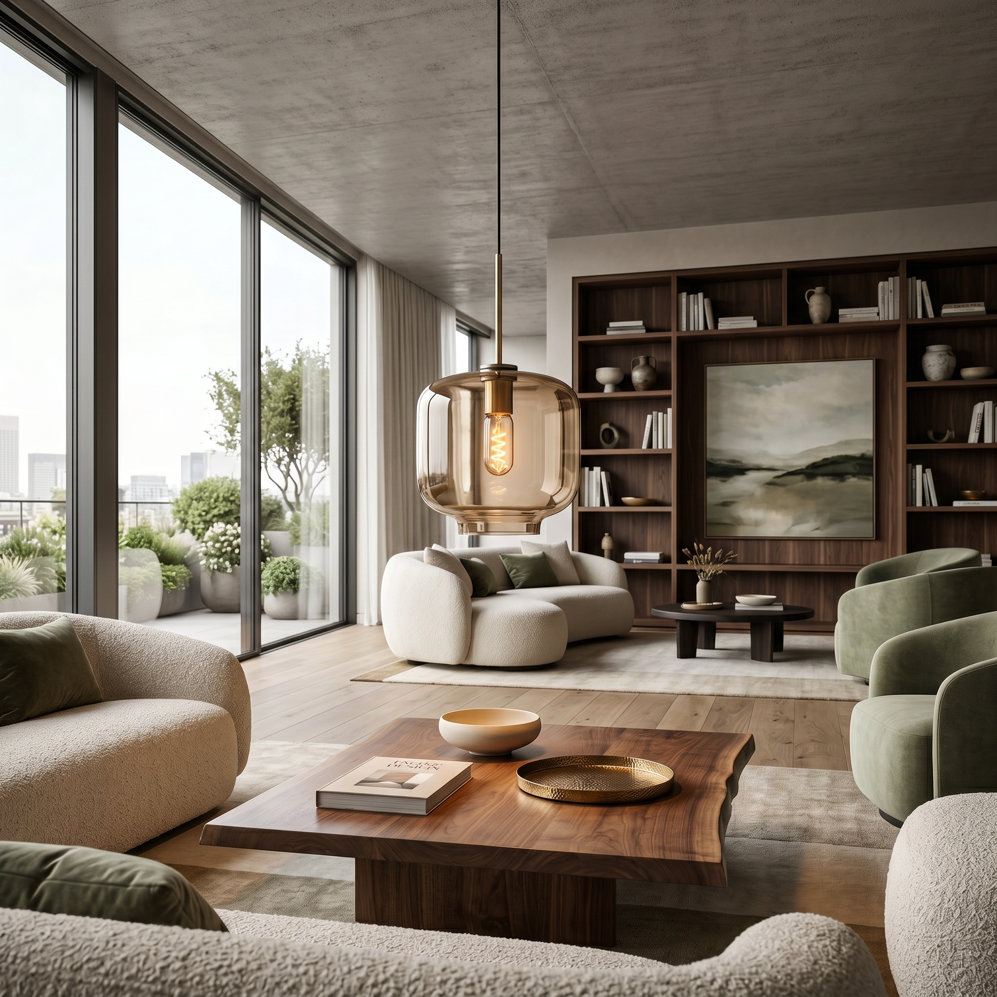 Ambra cognac glass pendant over a coffee table in a living room