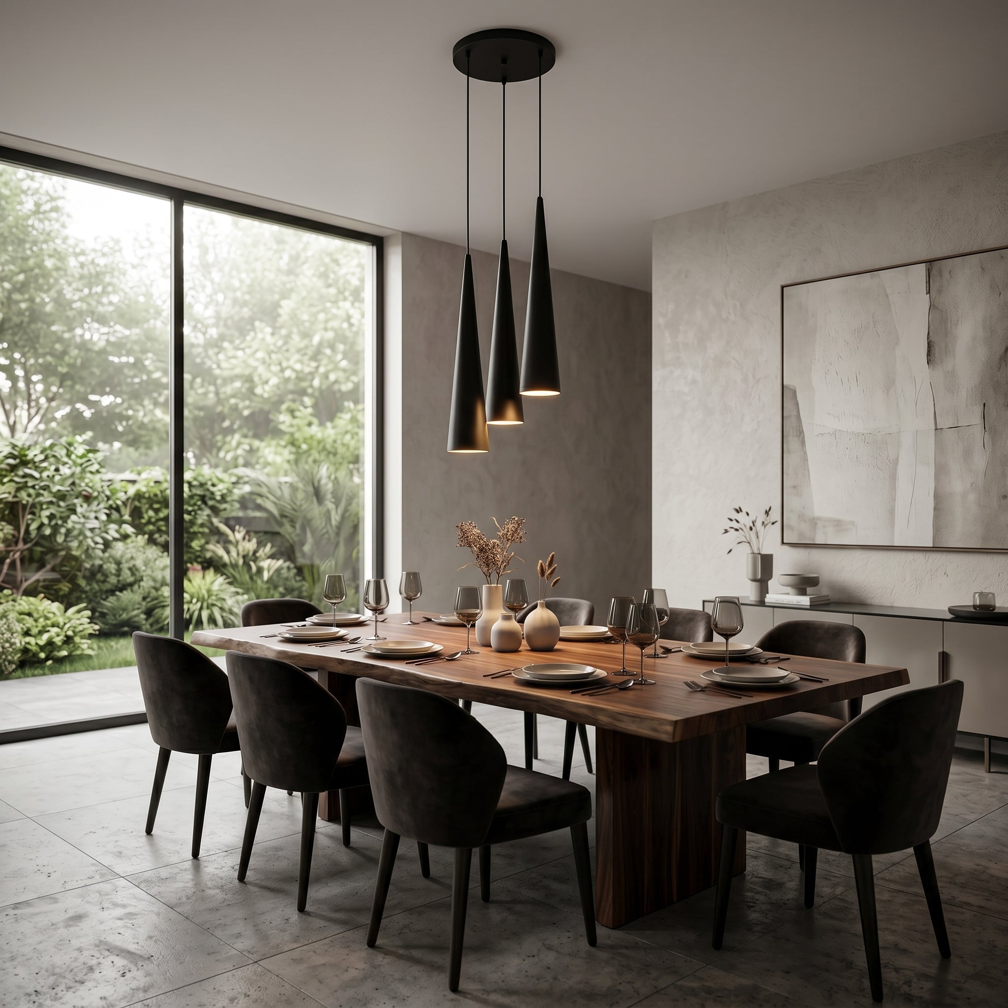 Cometa black cone pendants over a dining table