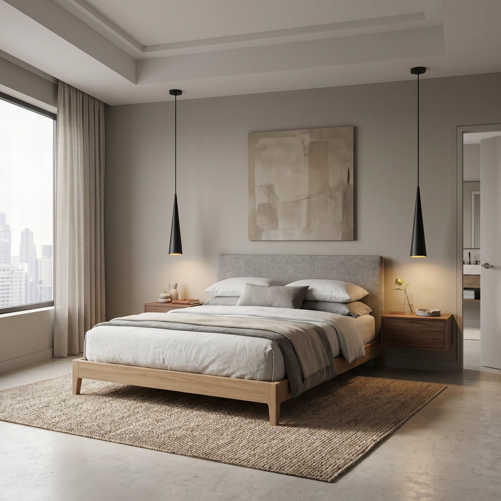Cometa black cone pendants flanking a bed over nightstands