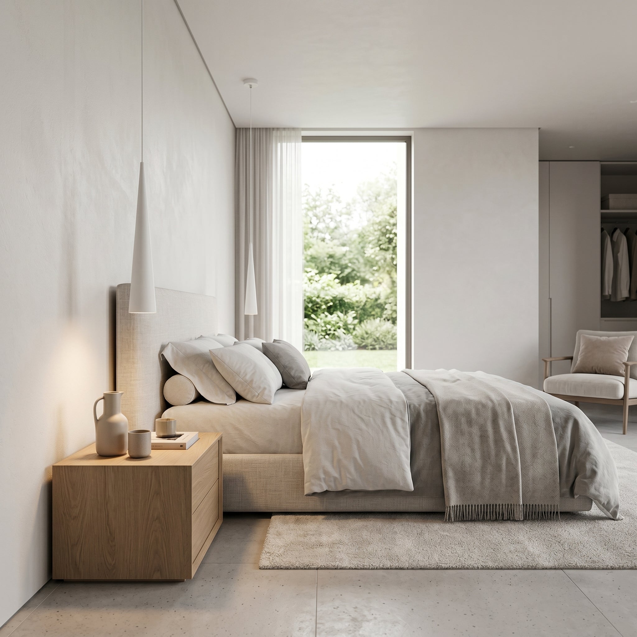Cometa white cone pendant over a nightstand in a minimalist bedroom