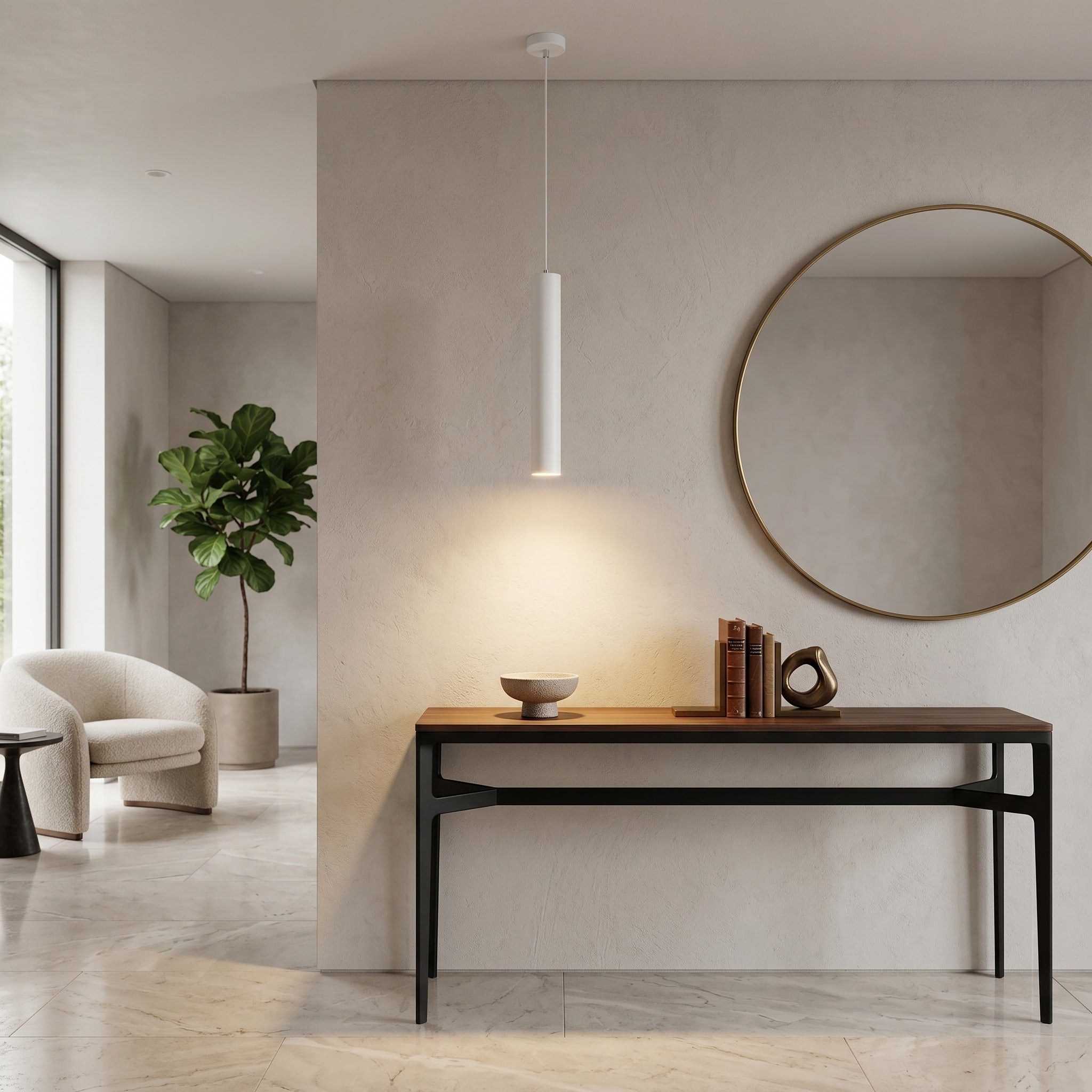 Cometa white tube pendant over an entryway console