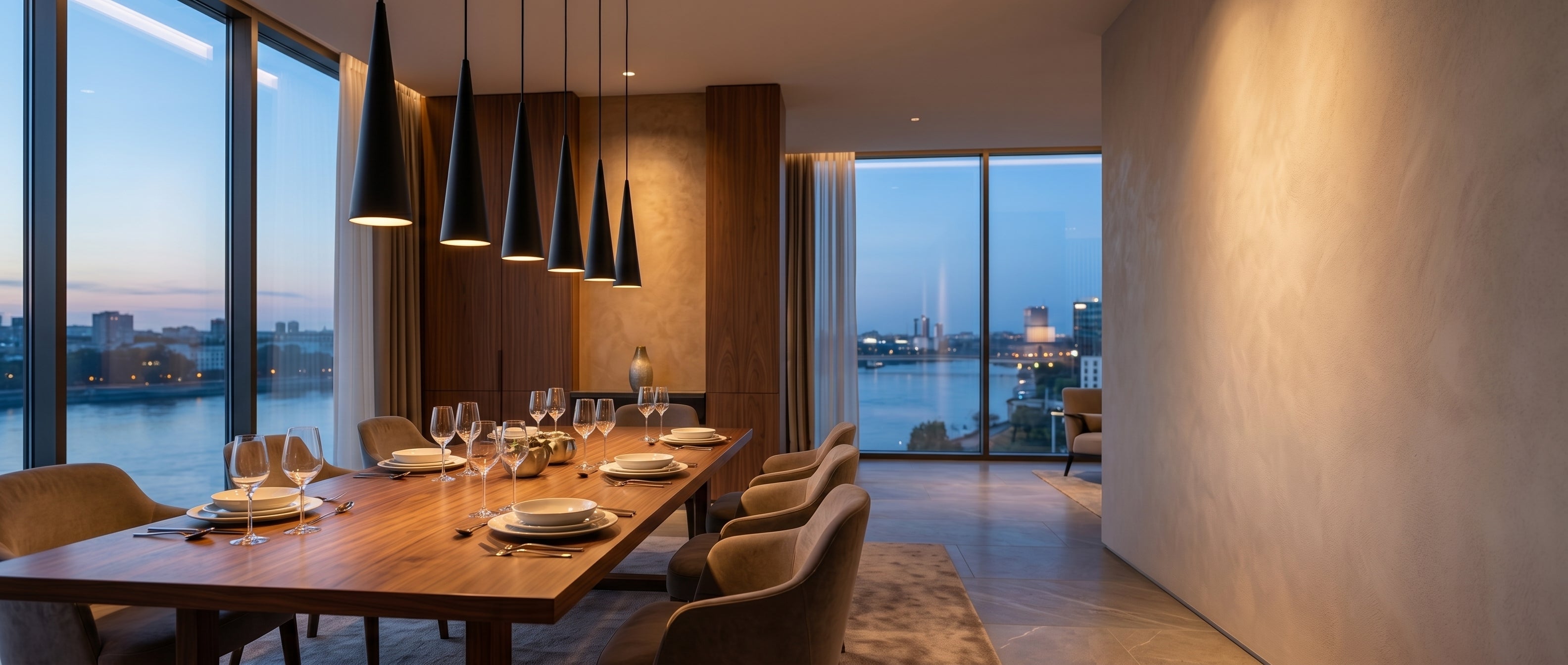 Cometa pendants over a dining table at dusk - banner
