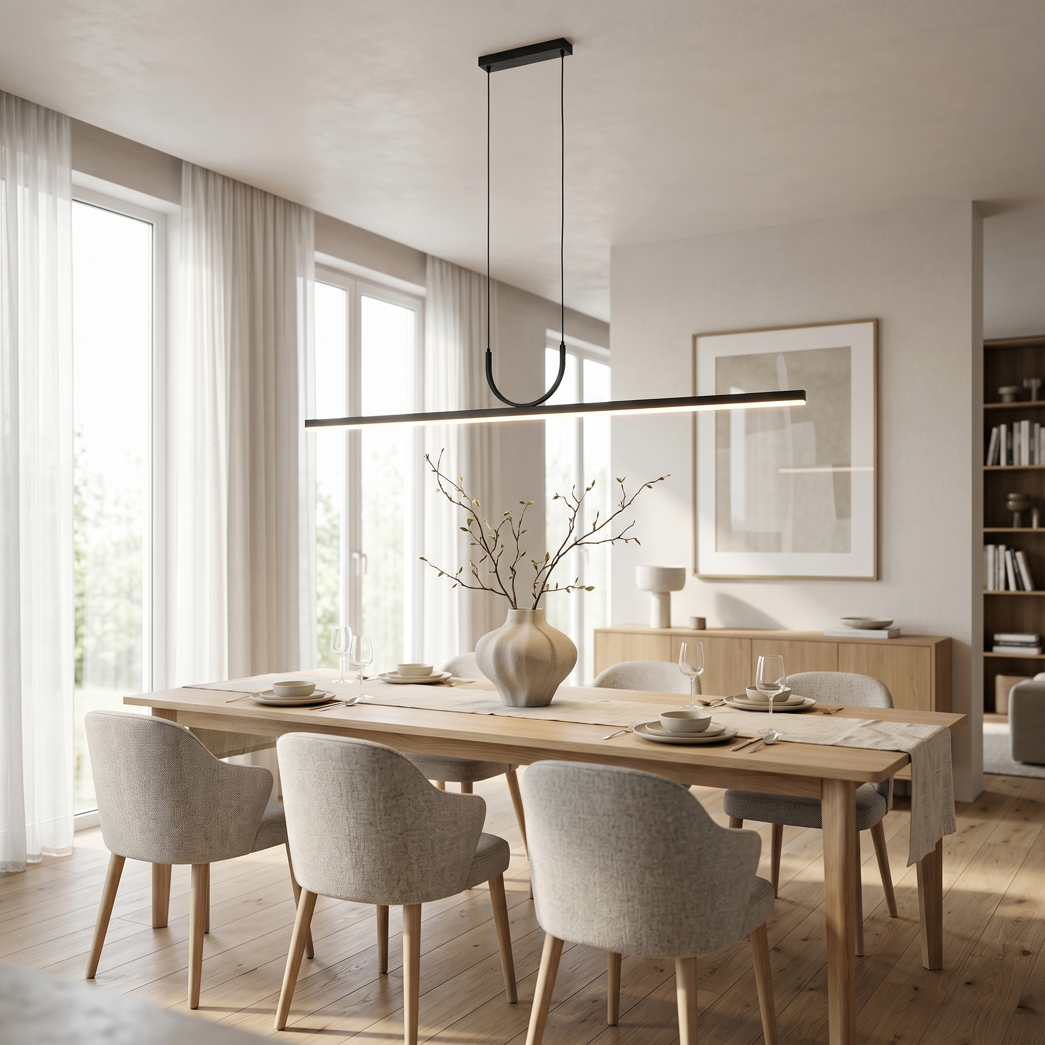 Black Orizzonte pendant over a Scandinavian dining table
