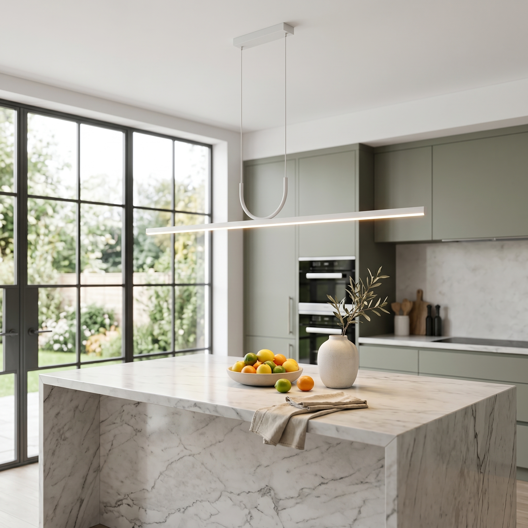 White Orizzonte linear pendant over a marble kitchen island