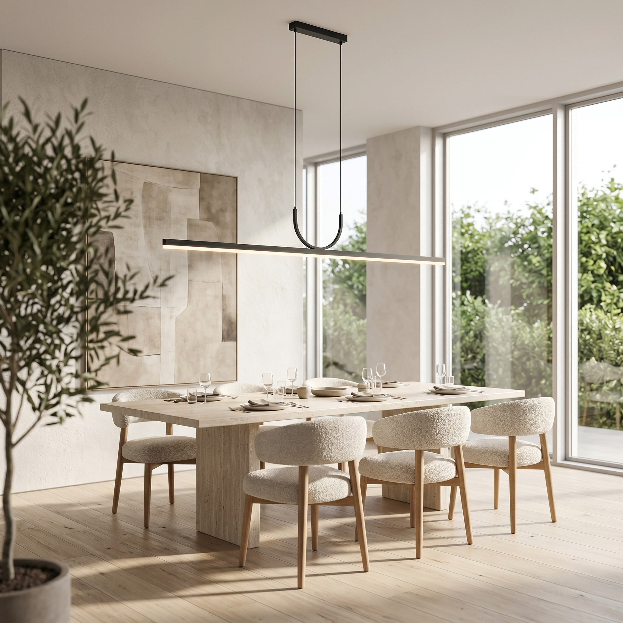 Black Orizzonte pendant over a travertine dining table