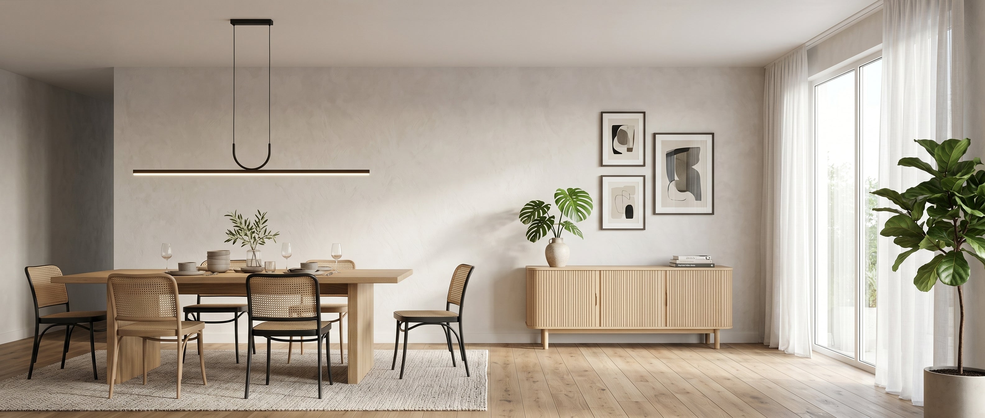 Orizzonte Linear LED Pendant black bar over a modern dining table banner