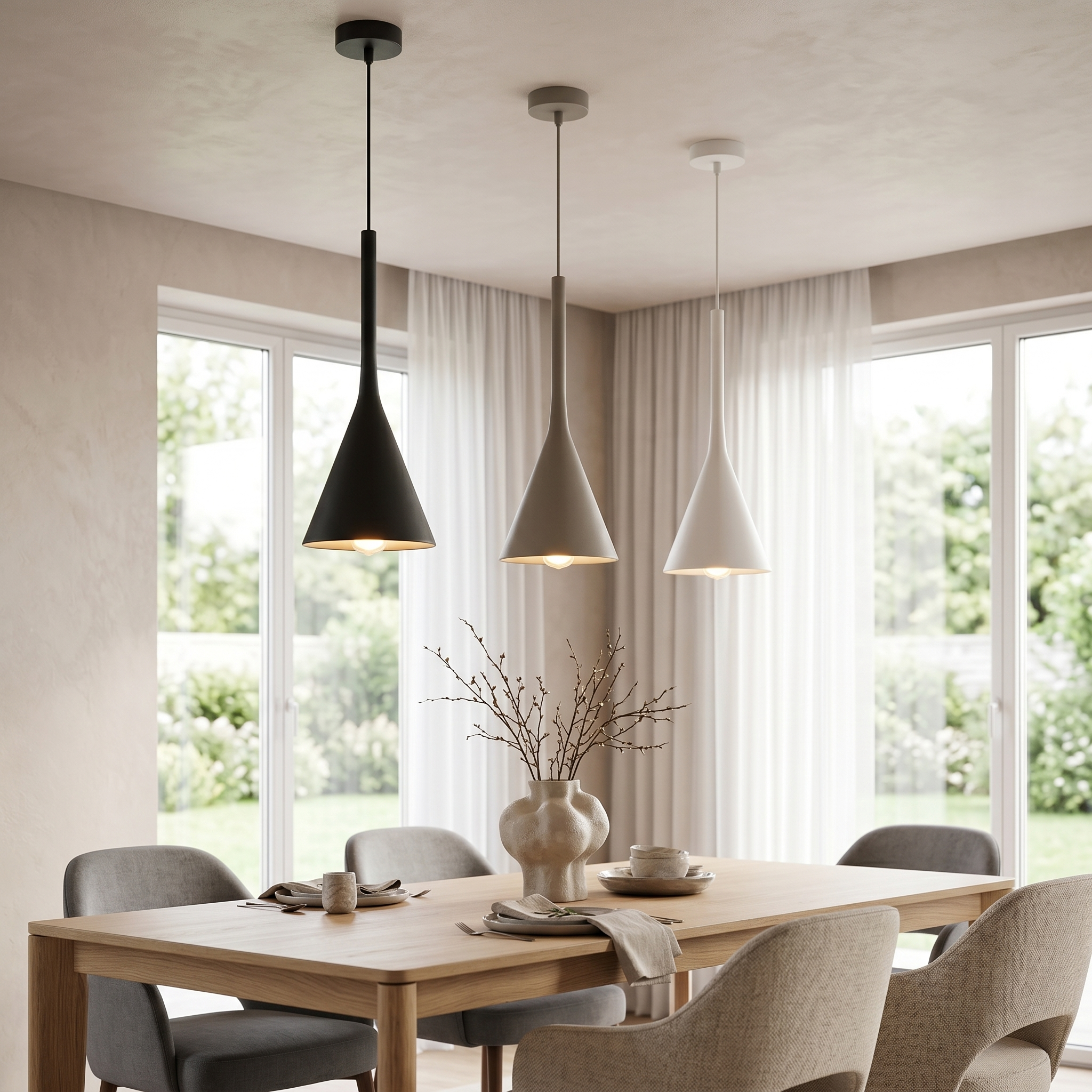 Three Calla cone pendants in black, grey and white over a dining table