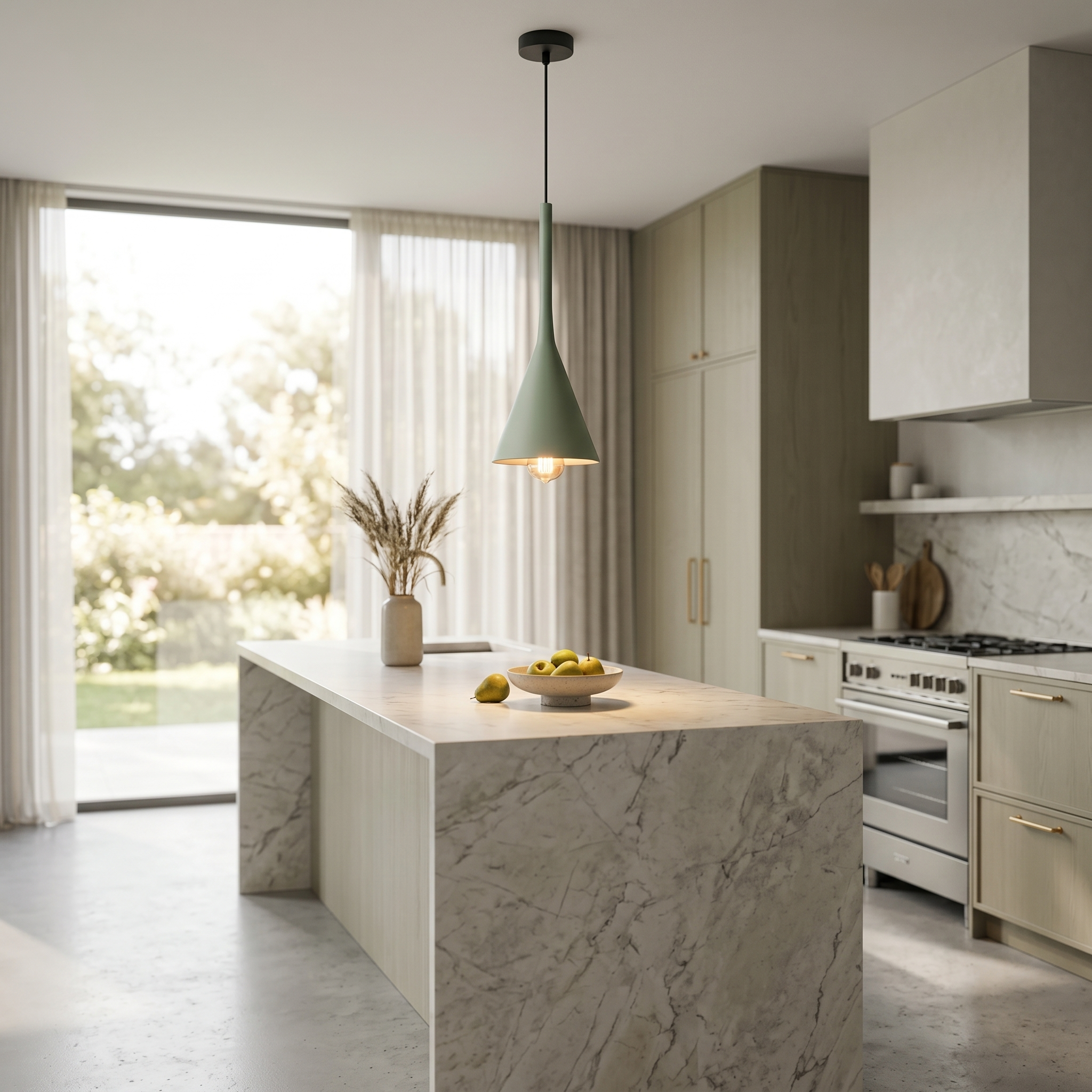 Green Calla cone pendant over a kitchen island