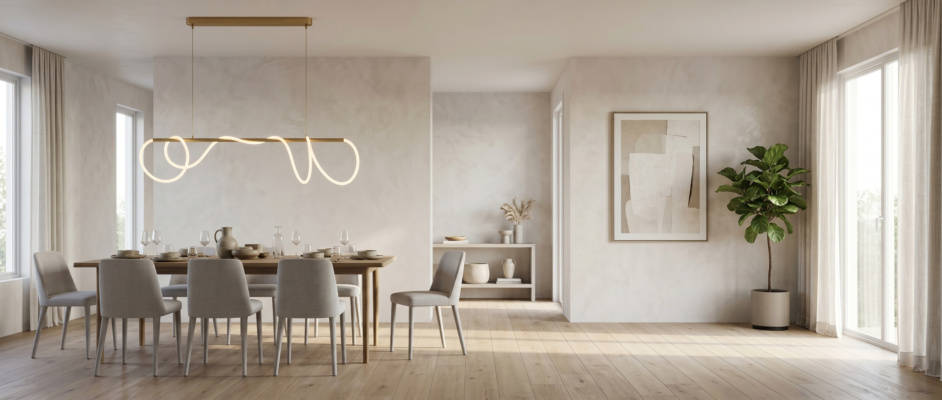 Onda brass linear LED rope chandelier over a modern dining table banner