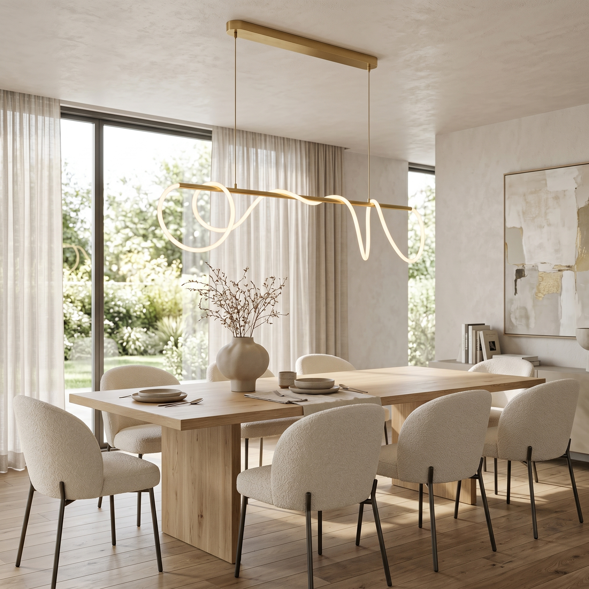 Brass Onda linear chandelier over a modern dining table