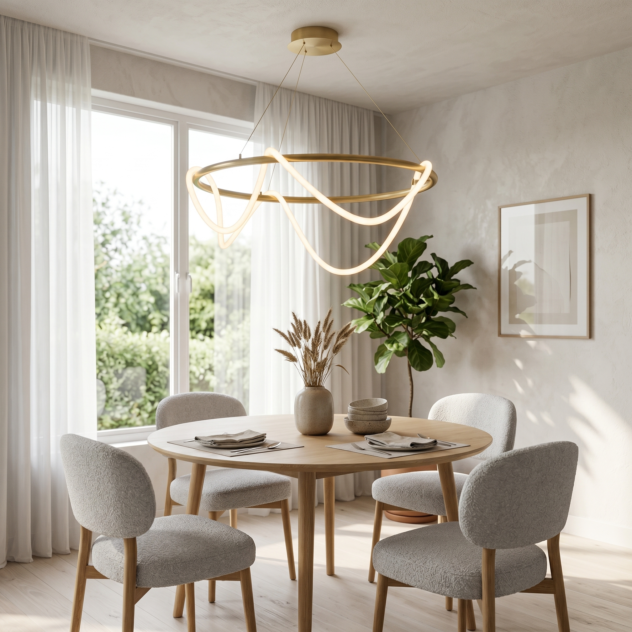 Brass Onda round chandelier over a round dining table