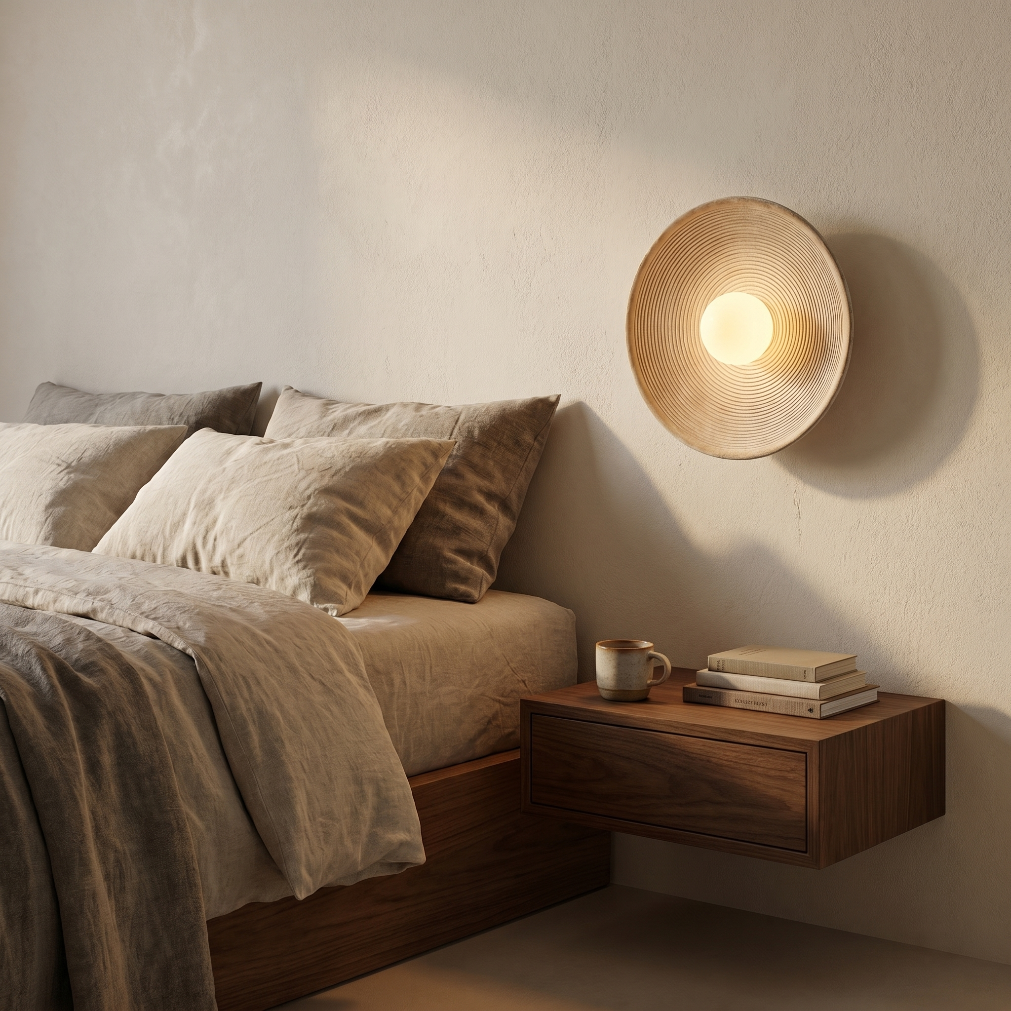 Aurelia Sculptural Wall Sconce as a cozy bedside reading light beside a walnut nightstand