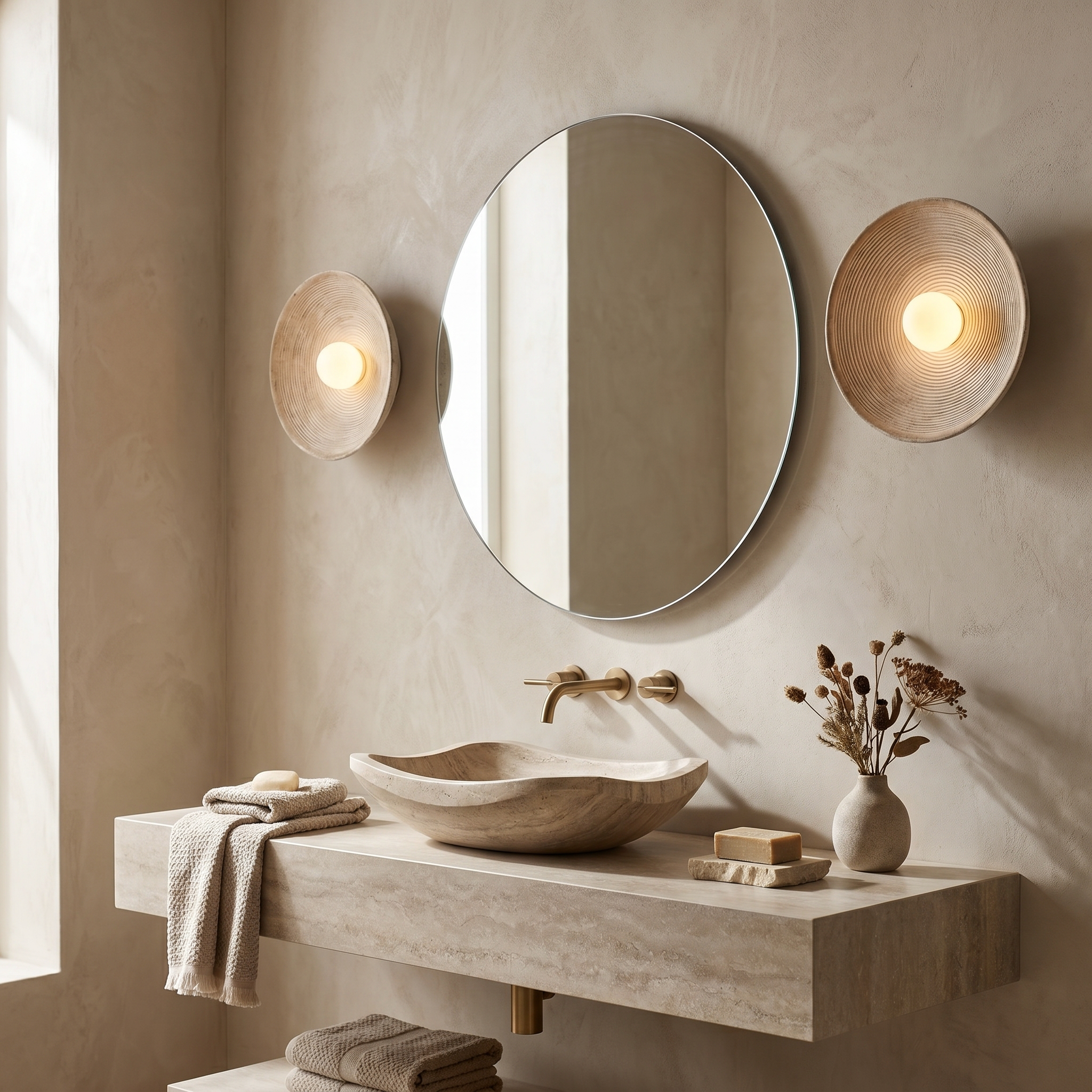A pair of Aurelia Sculptural Wall Sconces flanking a round mirror in a travertine powder room