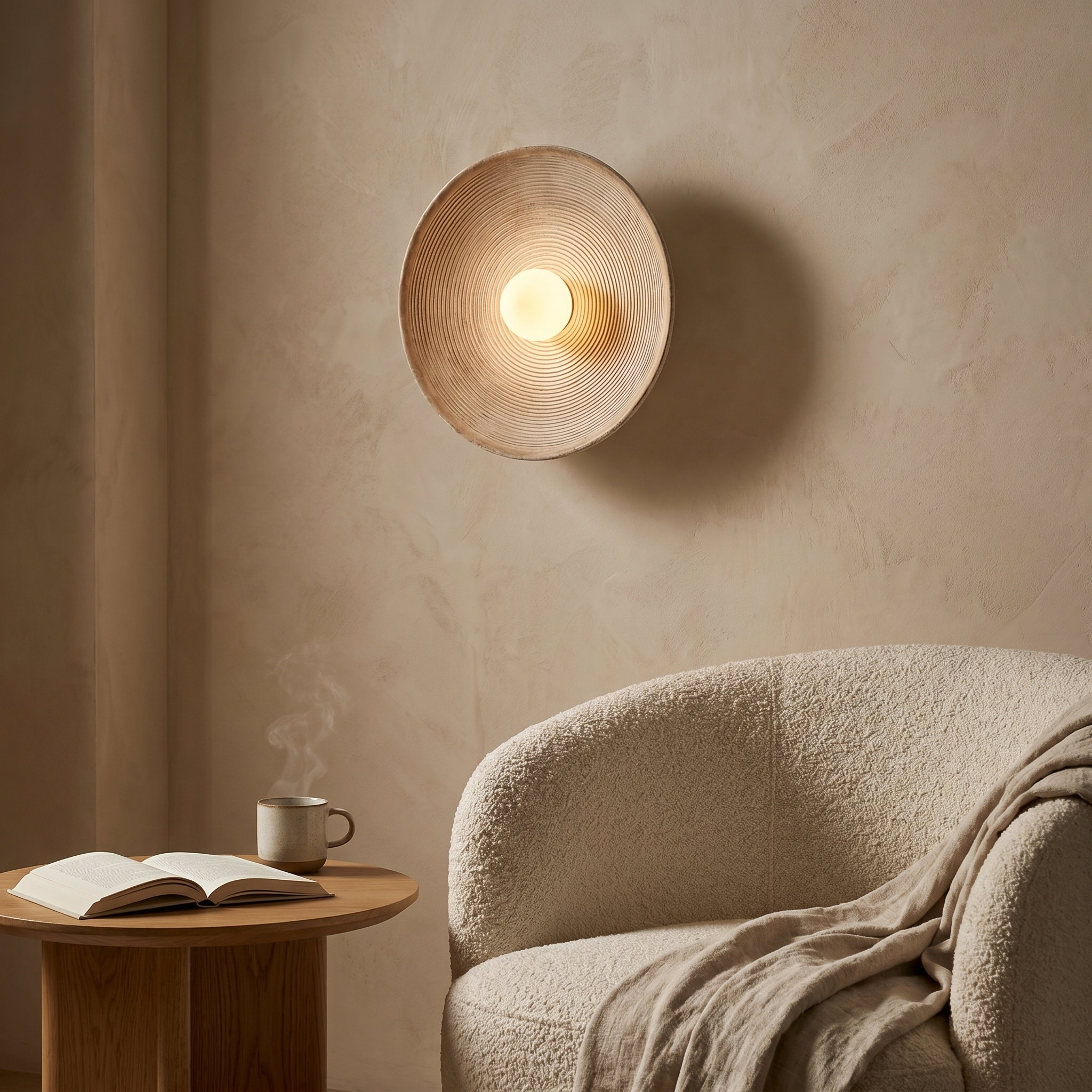 Aurelia Sculptural Wall Sconce above a cozy boucle reading-nook armchair, warm evening glow