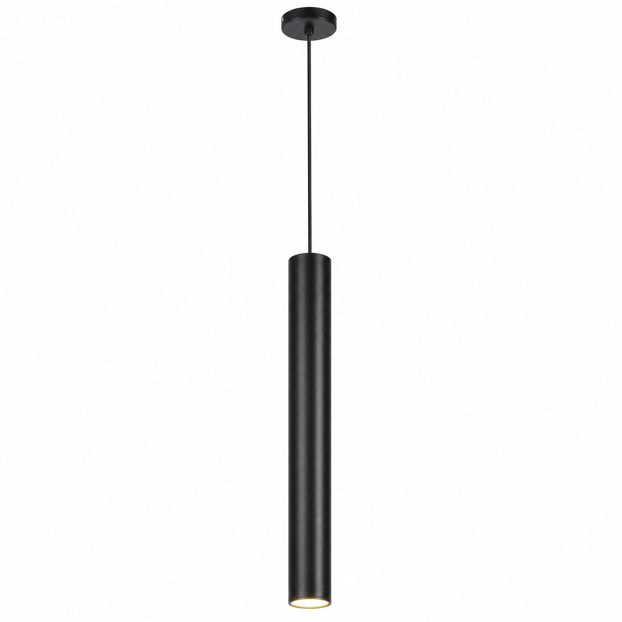 Flauto Slim Tube Pendant in black satin — studio view with warm downward glow