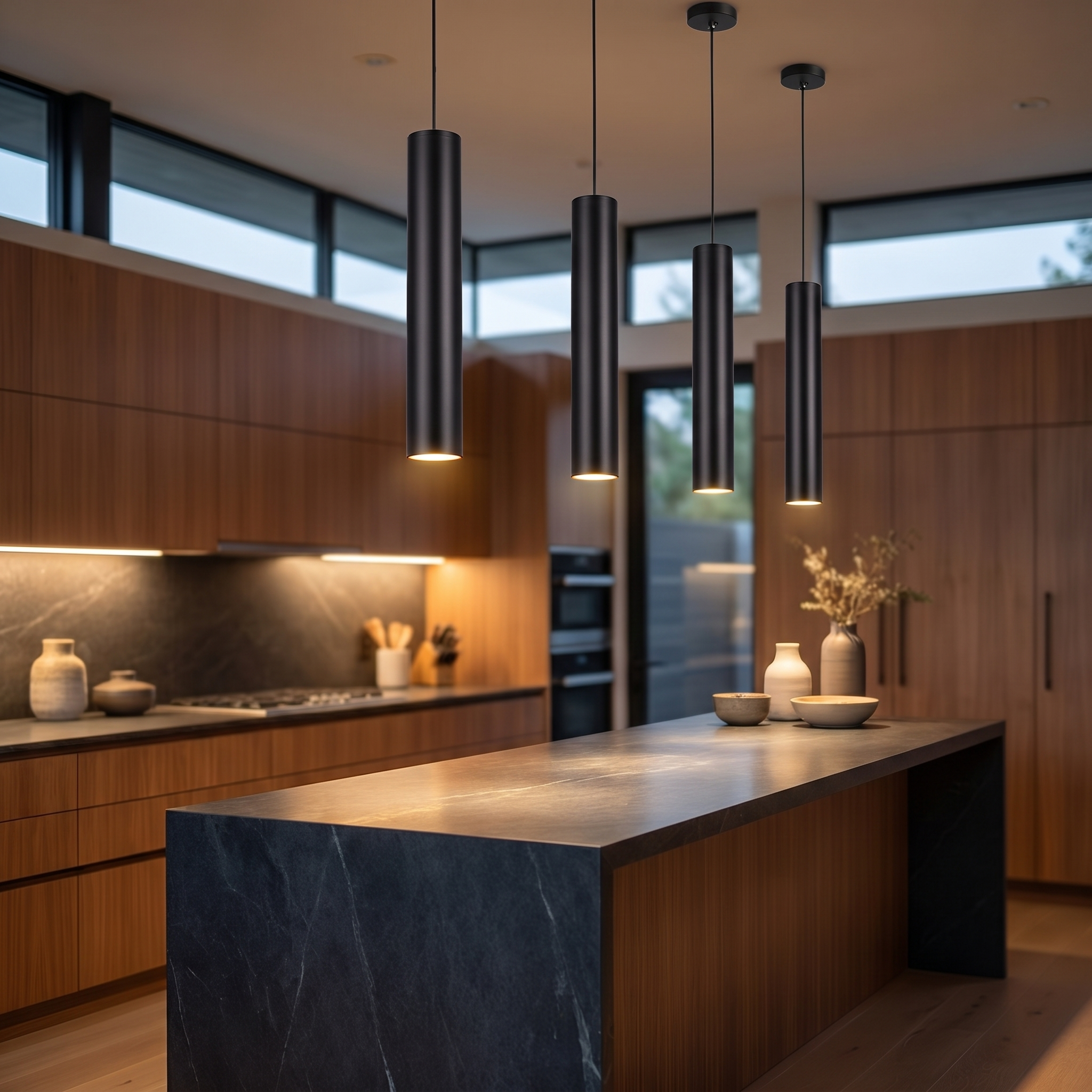 Row of black Flauto tube pendants over a stone kitchen island at dusk