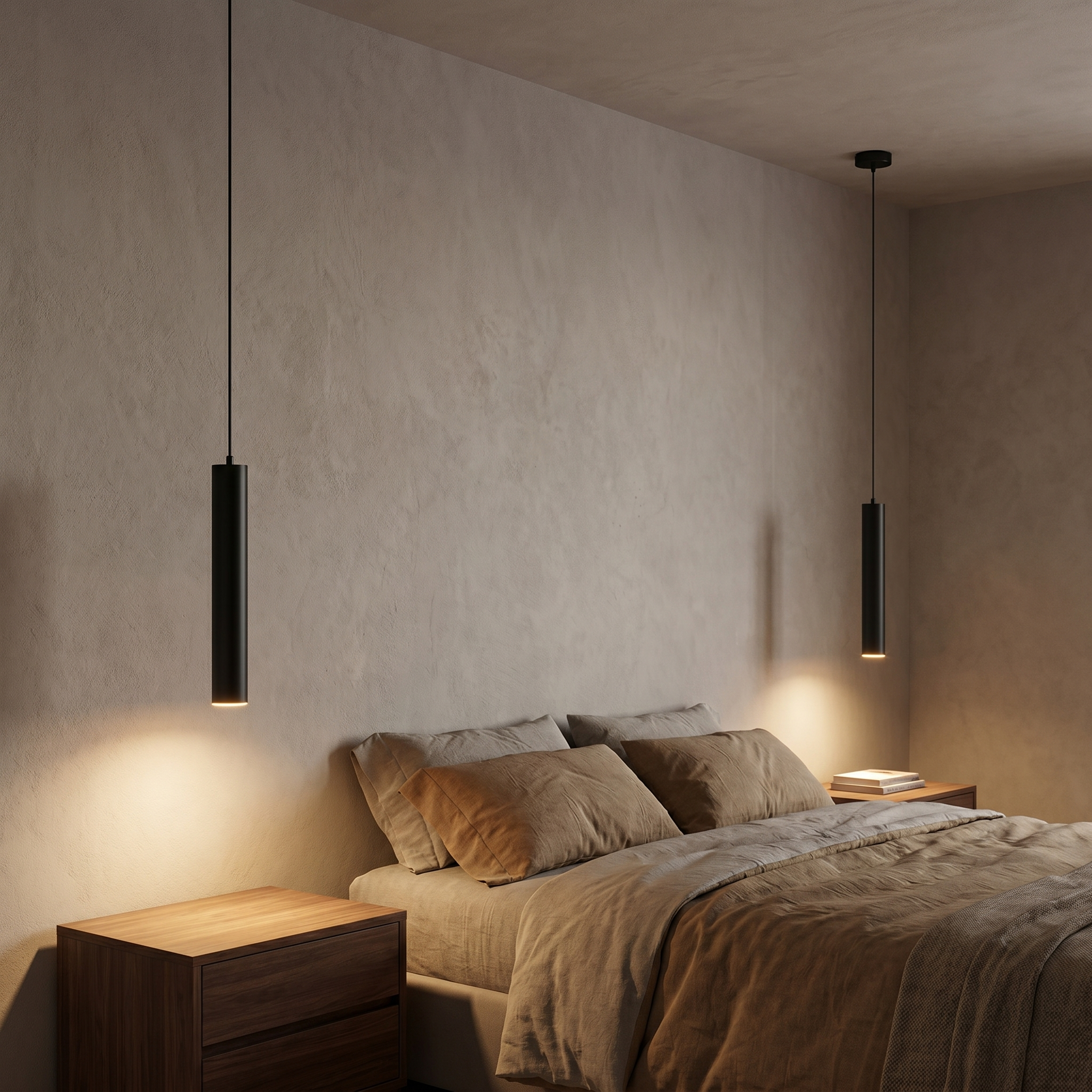 A pair of black Flauto tube pendants as bedside lights flanking a bed