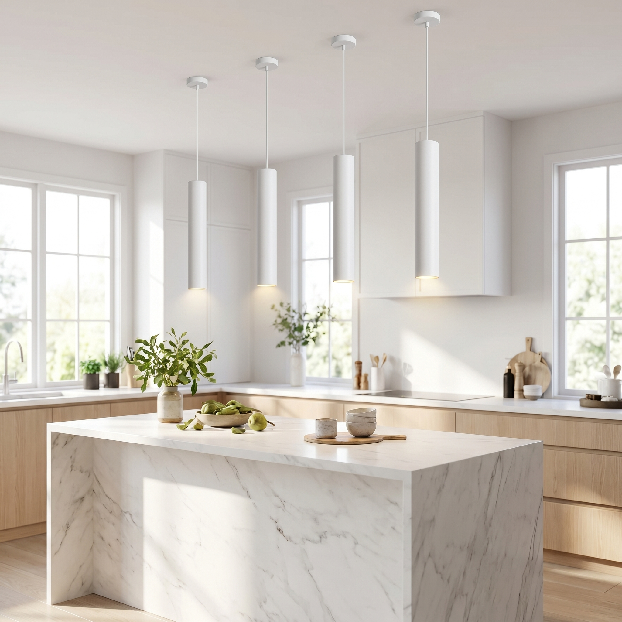 Row of white Flauto tube pendants over a white marble kitchen island in daylight