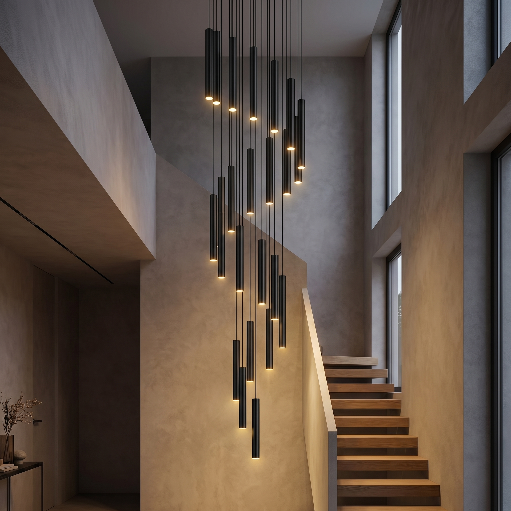 Dramatic cascade of black Flauto tube pendants down a double-height stairwell
