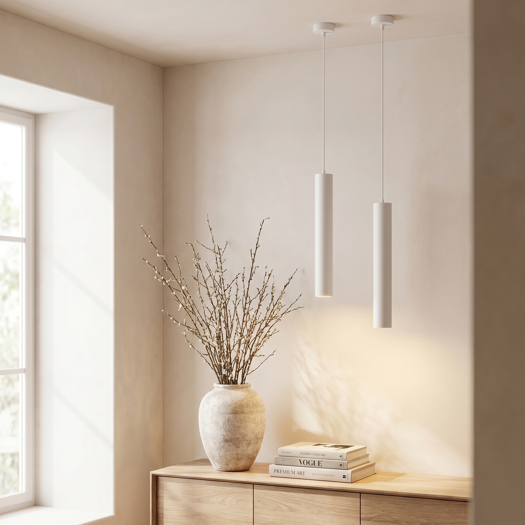 A pair of white Flauto tube pendants over a console in a sunlit living-room corner