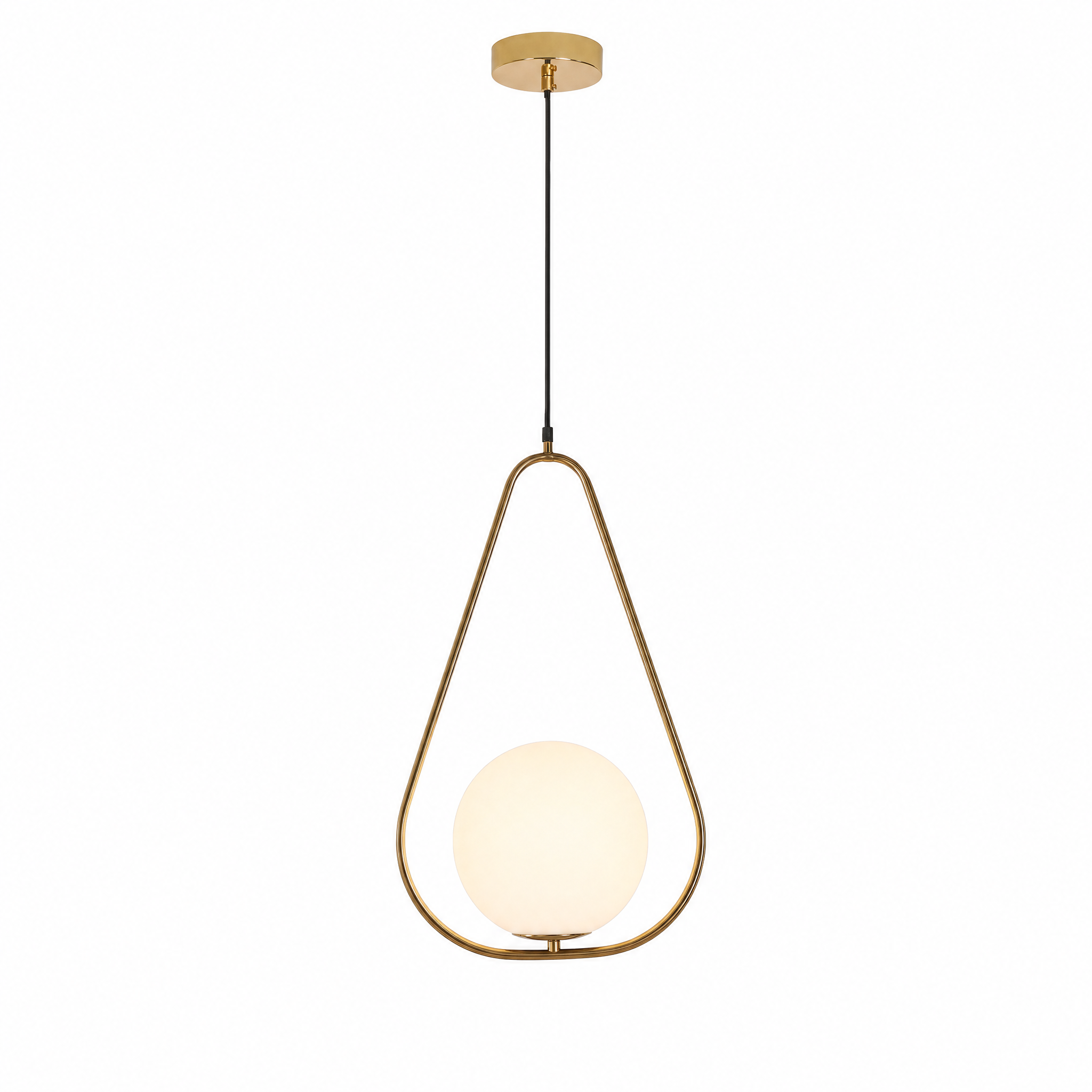 Sfera Glass Globe Pendant Style D — brass teardrop frame, single globe