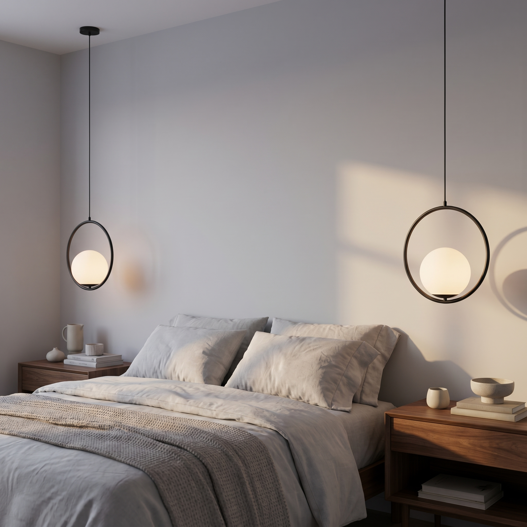 A pair of black Sfera ring pendants as bedside lights flanking a bed