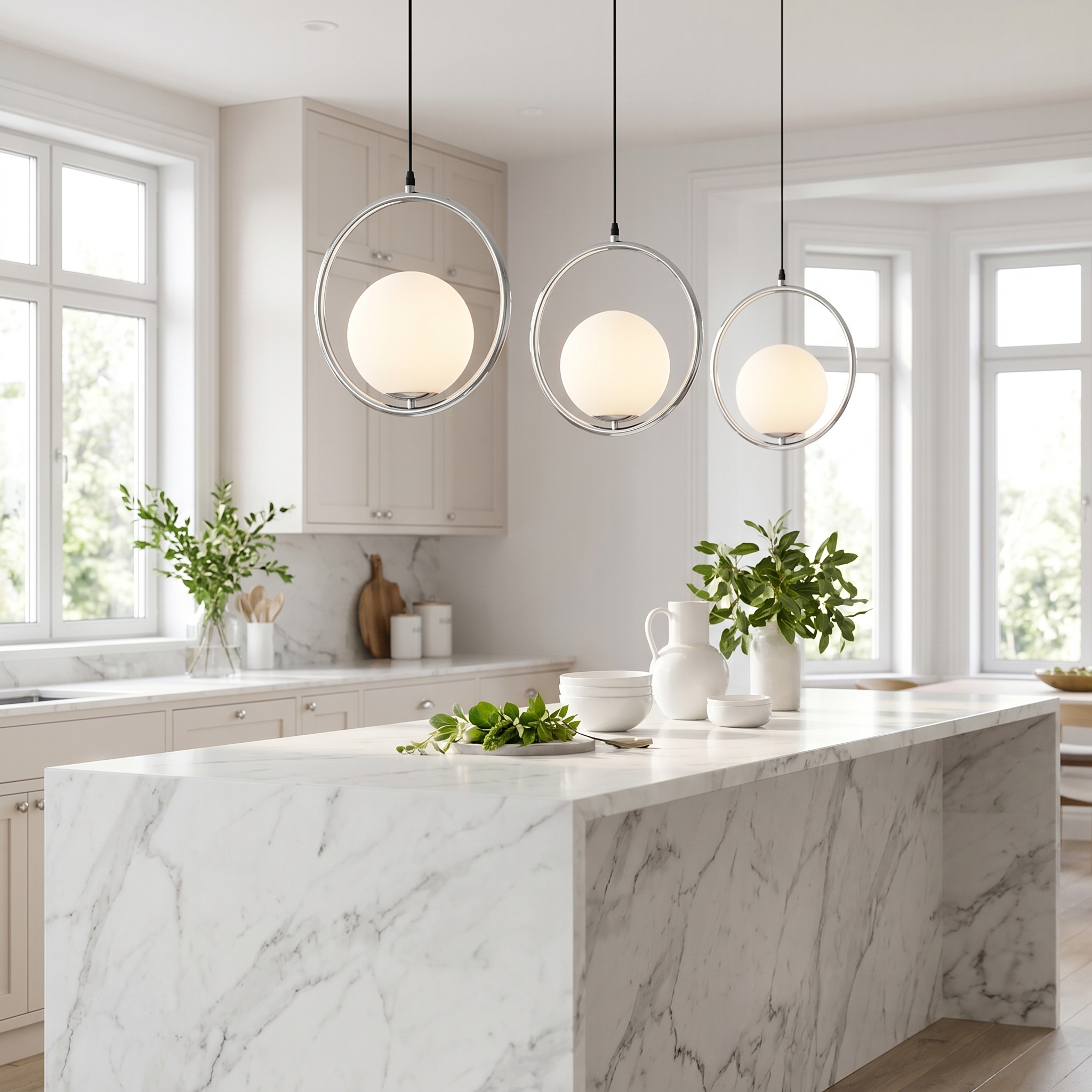 Chrome Sfera ring pendants over a white marble kitchen island