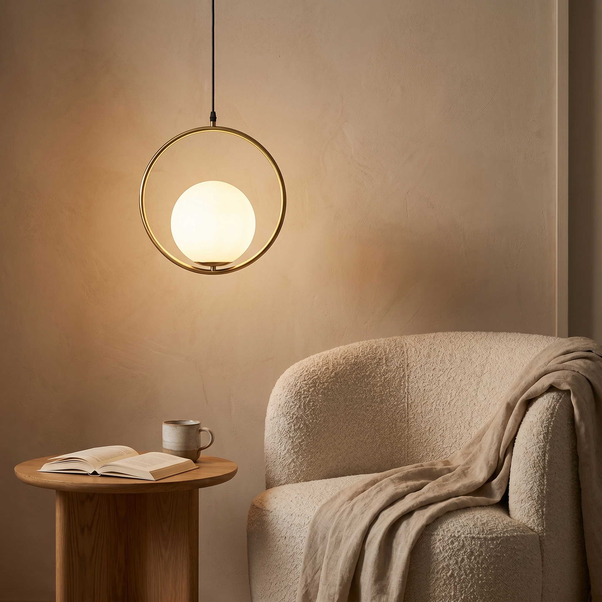 A brass Sfera ring pendant above a cozy reading nook
