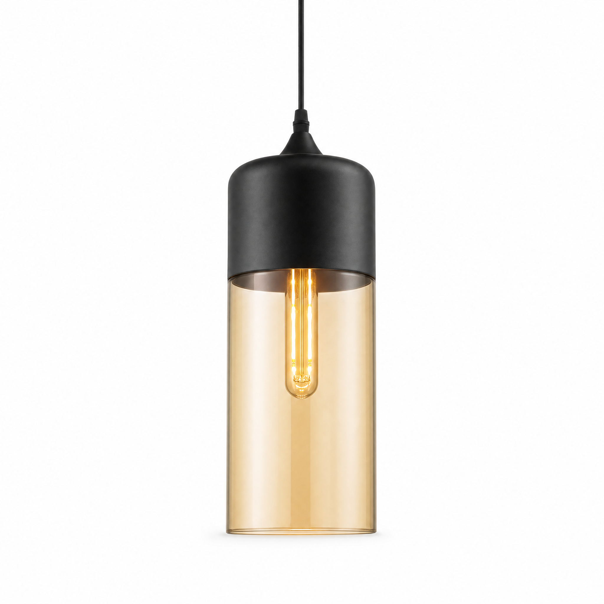 Ambra Art-Glass Pendant Nordic II cylinder — black cap, amber glass