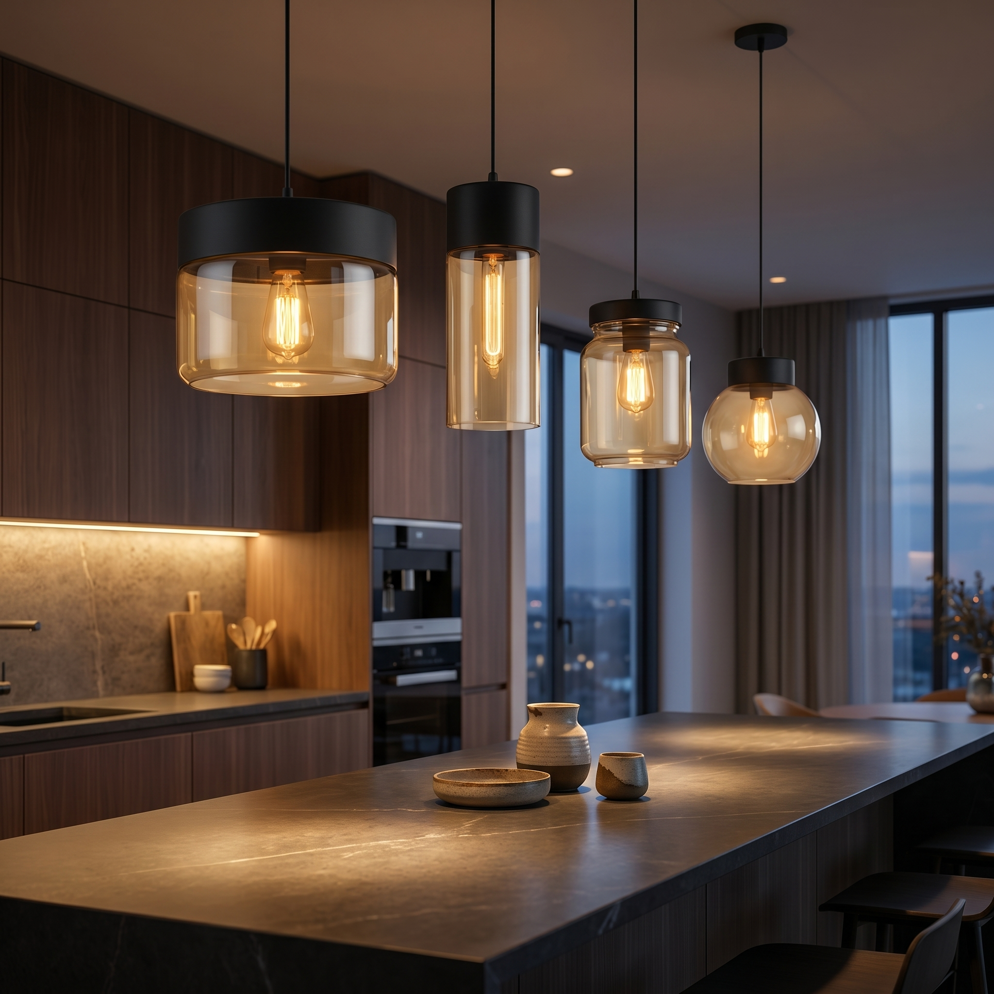 A row of four Ambra Art-Glass Pendants in mixed shapes over a kitchen island at dusk