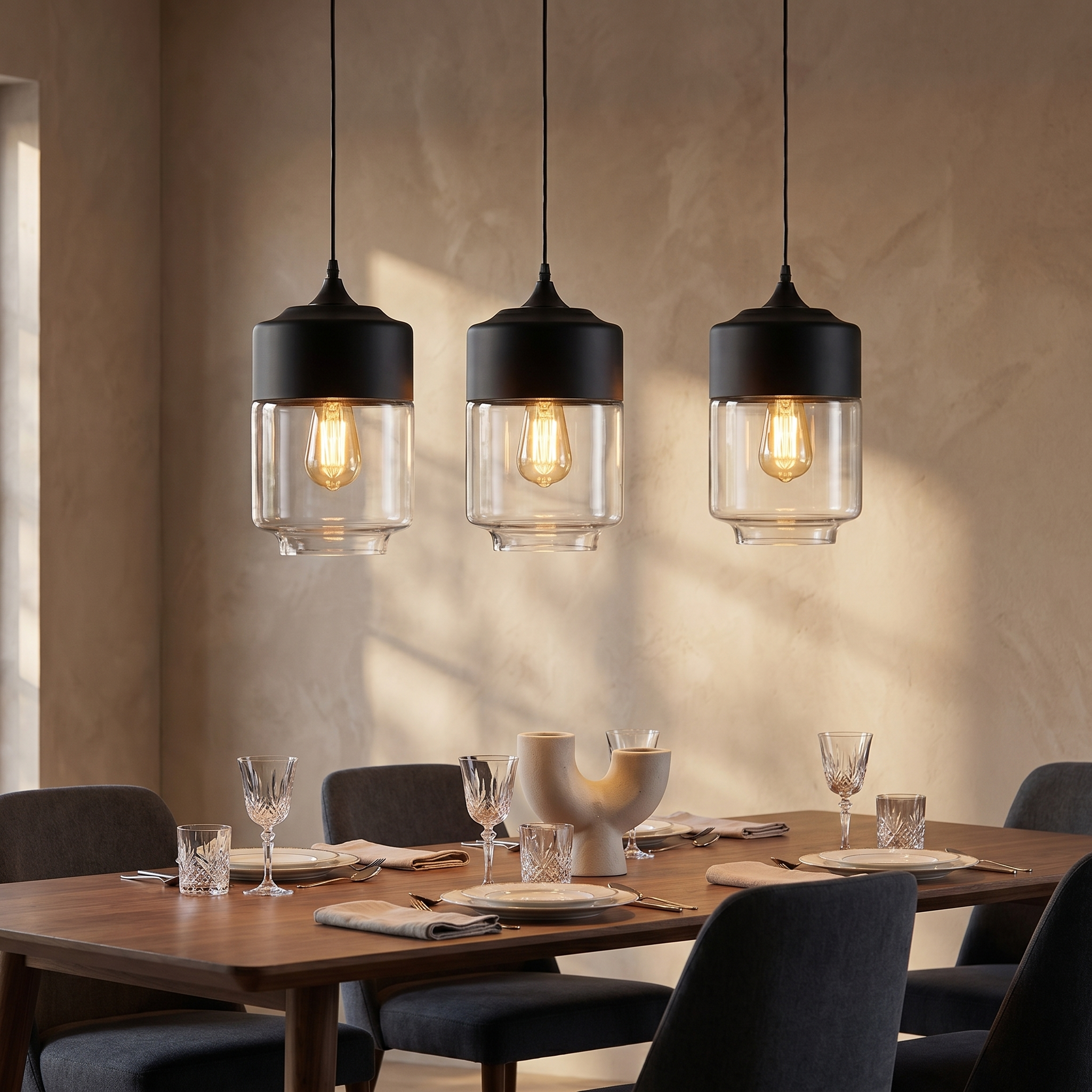 Black-cap clear-glass Ambra jar pendants over a walnut dining table