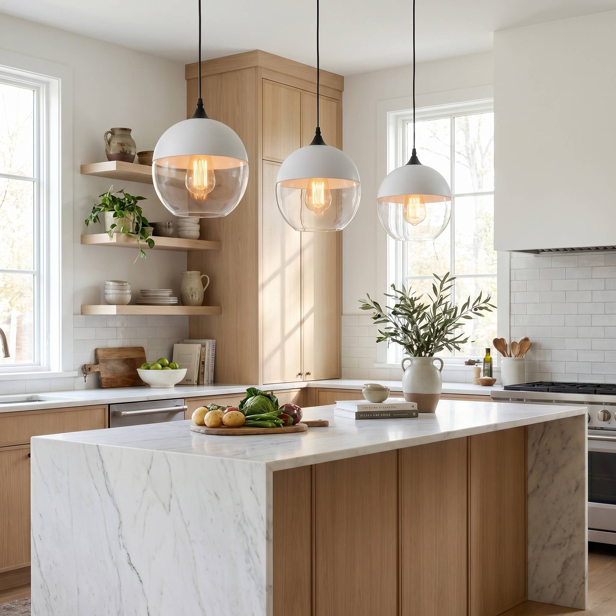 White-cap clear-glass Ambra globe pendants over a white marble kitchen island