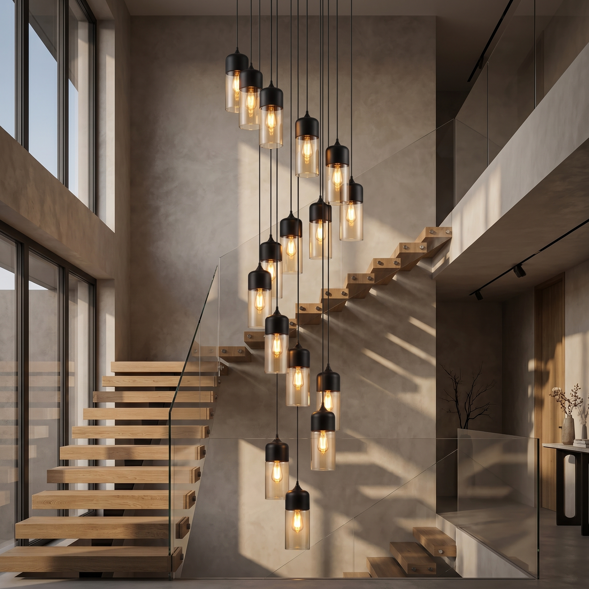 A cascade of amber cylinder Ambra pendants down a double-height stairwell