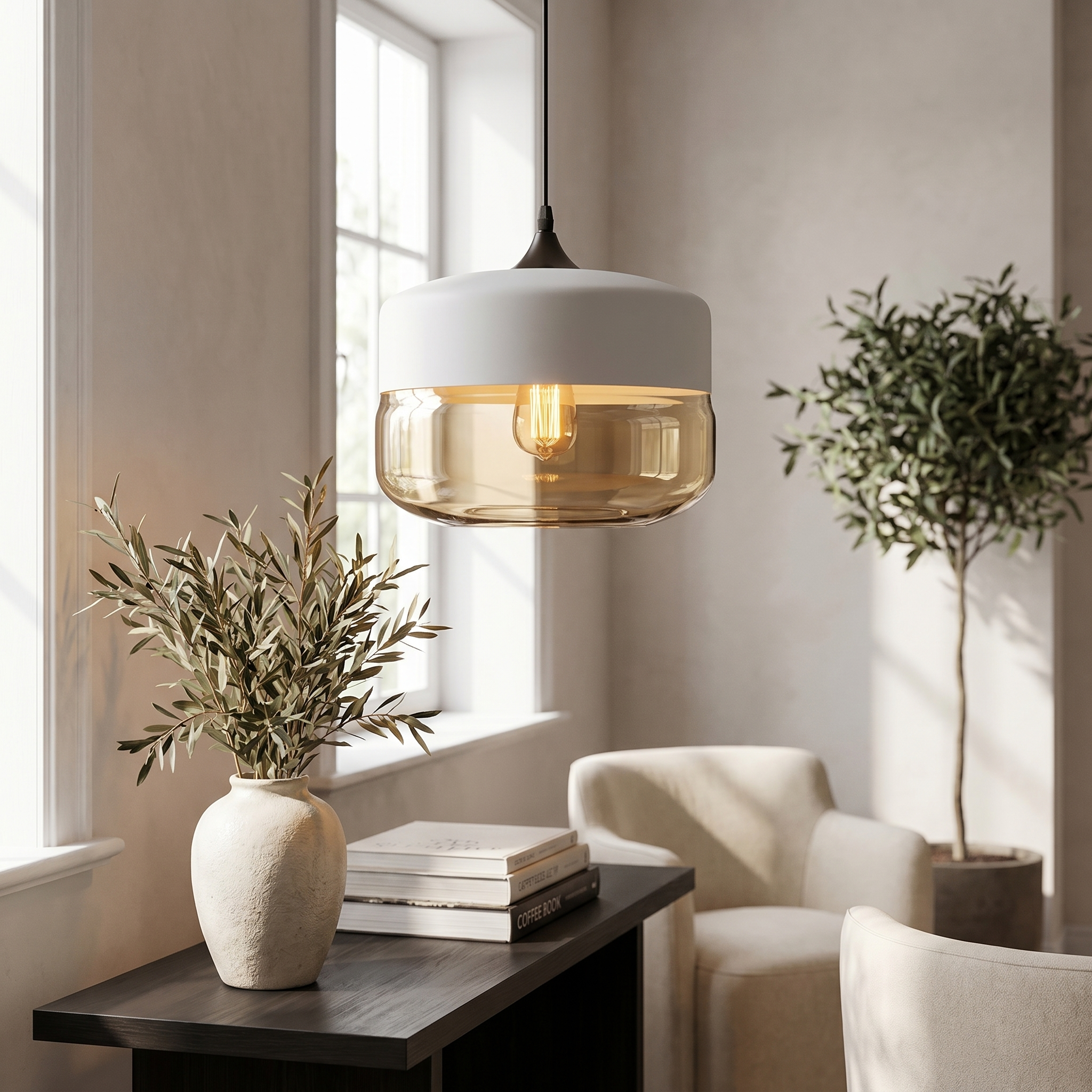 A white-cap amber drum Ambra pendant above a console in a living-room corner