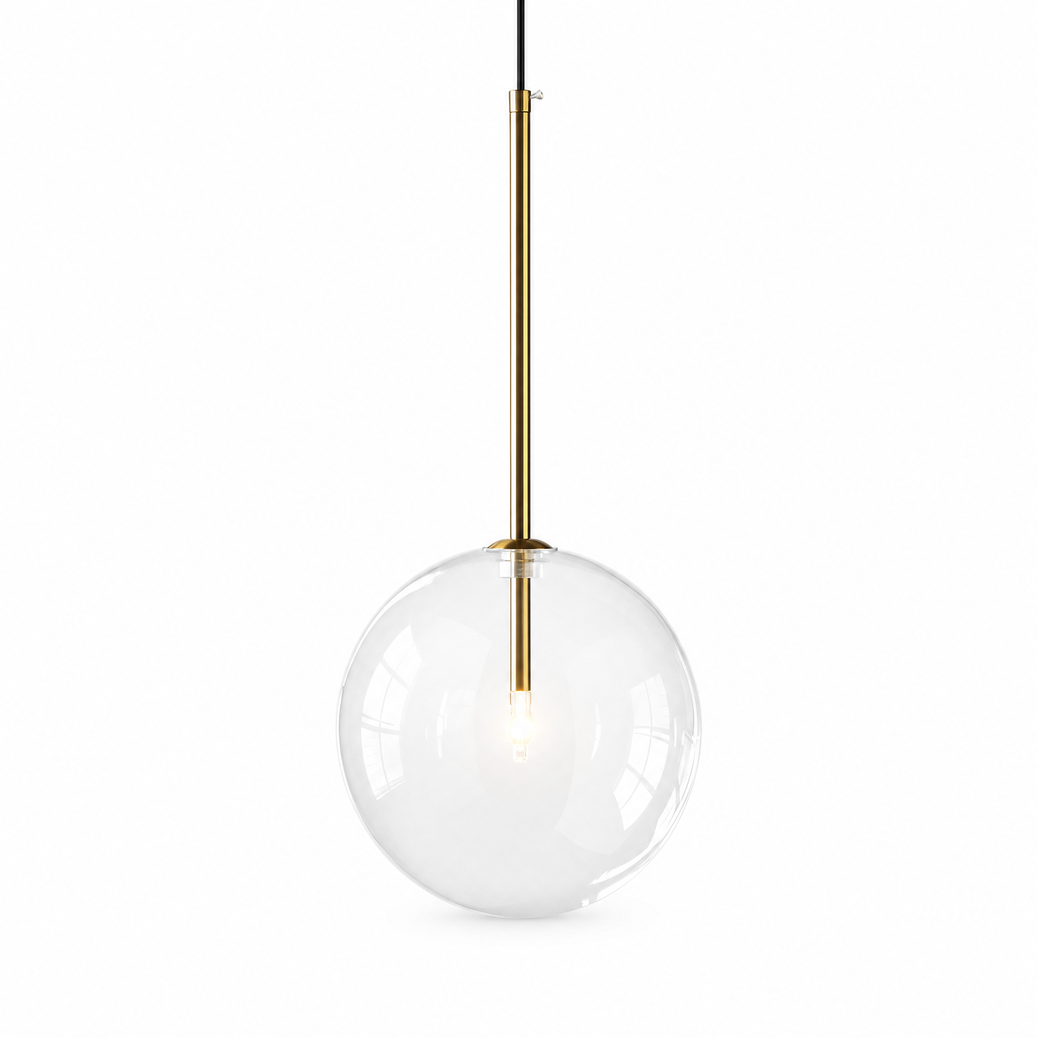 Goccia Clear Glass Ball Pendant — brass rod, clear glass globe, glowing bulb