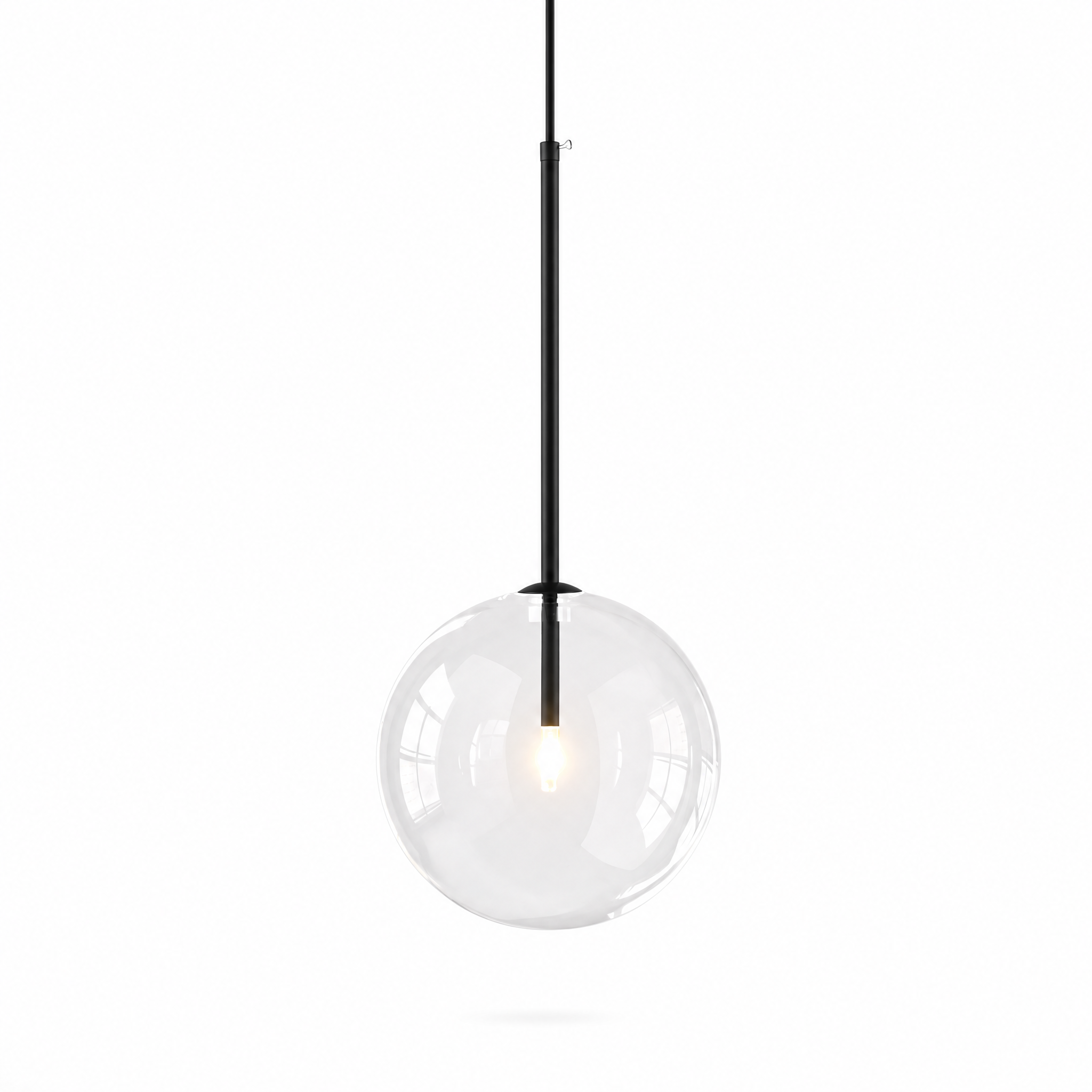 Goccia Clear Glass Ball Pendant — black rod, clear glass globe, glowing bulb