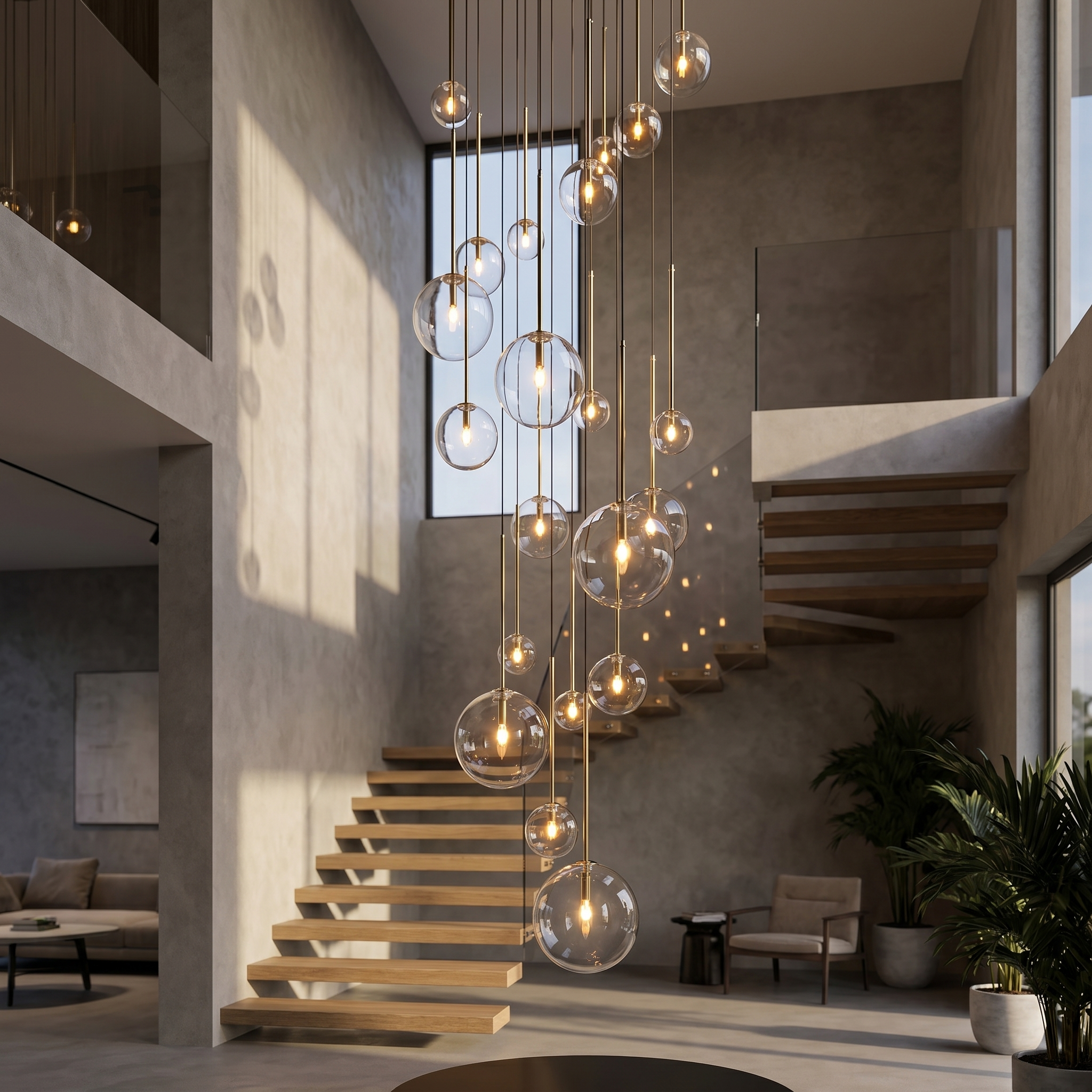 A cascade of brass Goccia clear glass ball pendants down a double-height stairwell