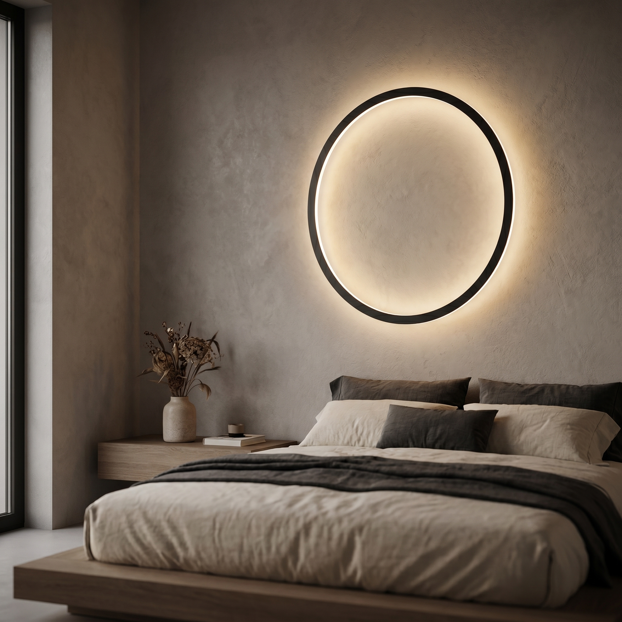 Eclisse Halo Ring Wall Light glowing warm above a bed in a minimalist bedroom