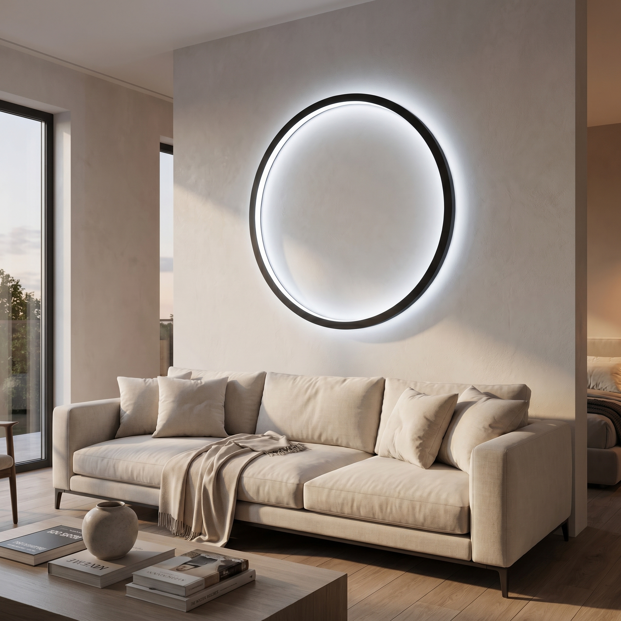 Eclisse Halo Ring Wall Light glowing cool white above a sofa in a bright living room