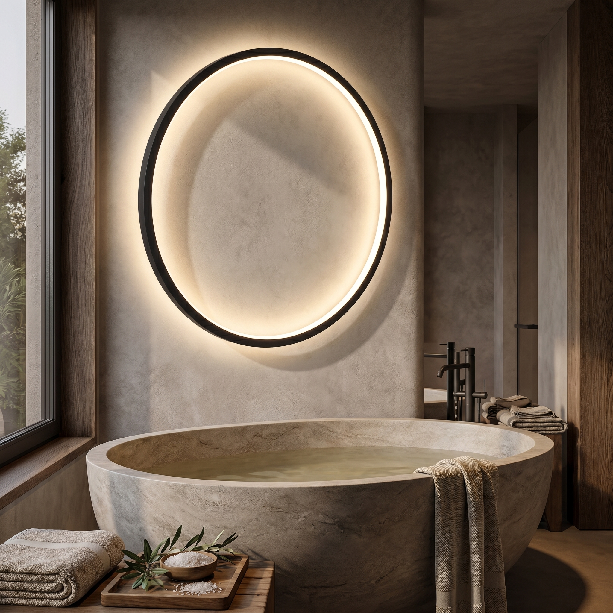 Eclisse Halo Ring Wall Light glowing warm behind a freestanding bathtub