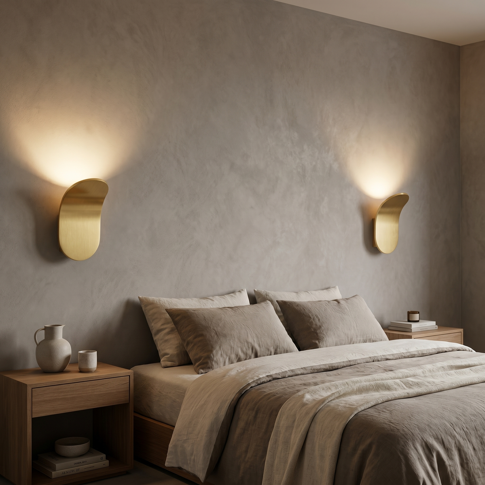 Gold curved wall sconces flanking a bed, warm glow