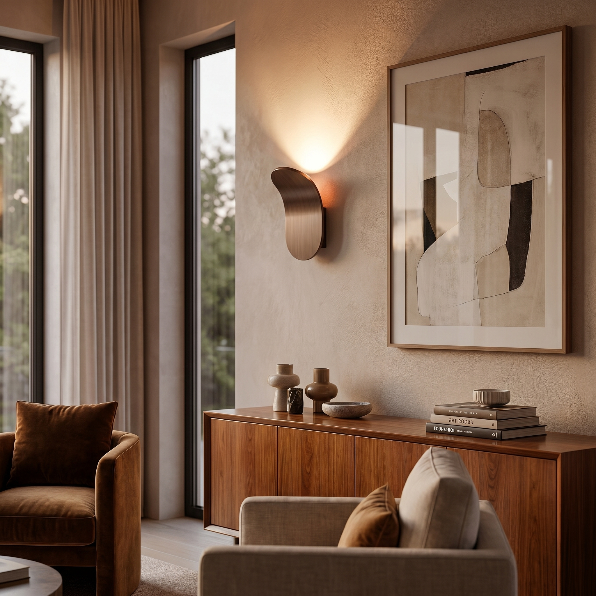 Coffee bronze curved wall sconce in living room, warm glow