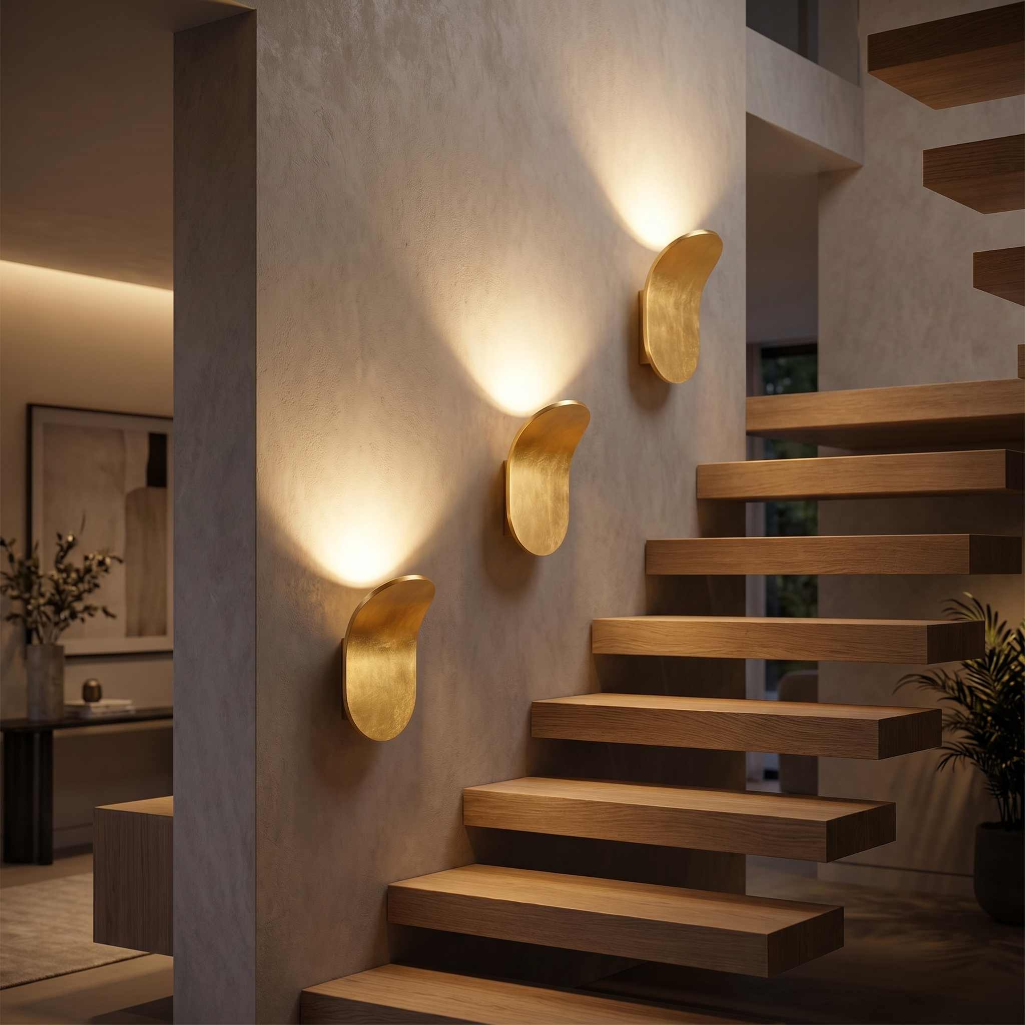 Gold curved wall sconces up a staircase, warm glow